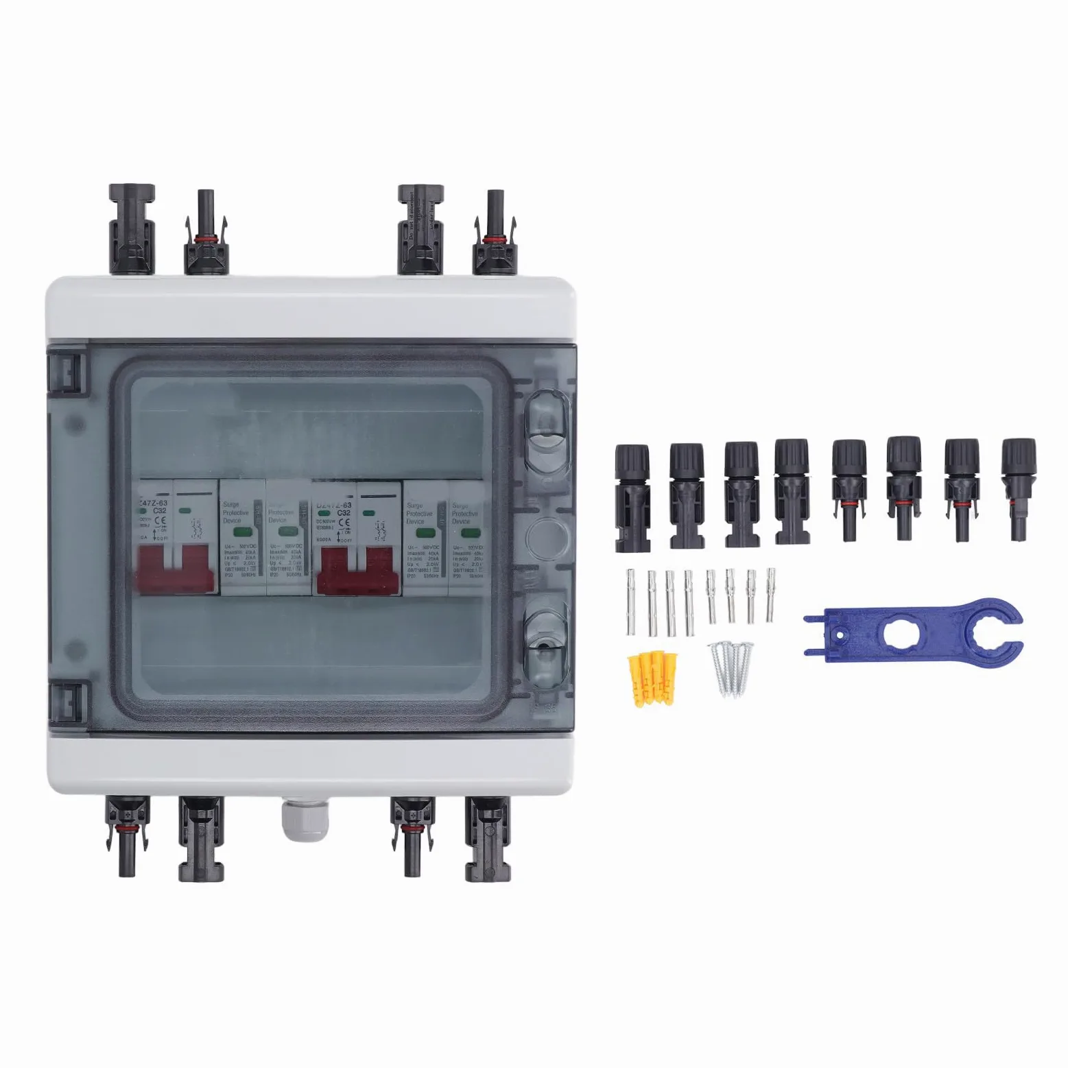 Interruttore Automatico Solare, Interruttore Automatico Fotovoltaico con Accessori di Protezione, Interruttore Automatico DC 500 V 32 A 2 in 2 Out con Scatola, Rastrelliere per