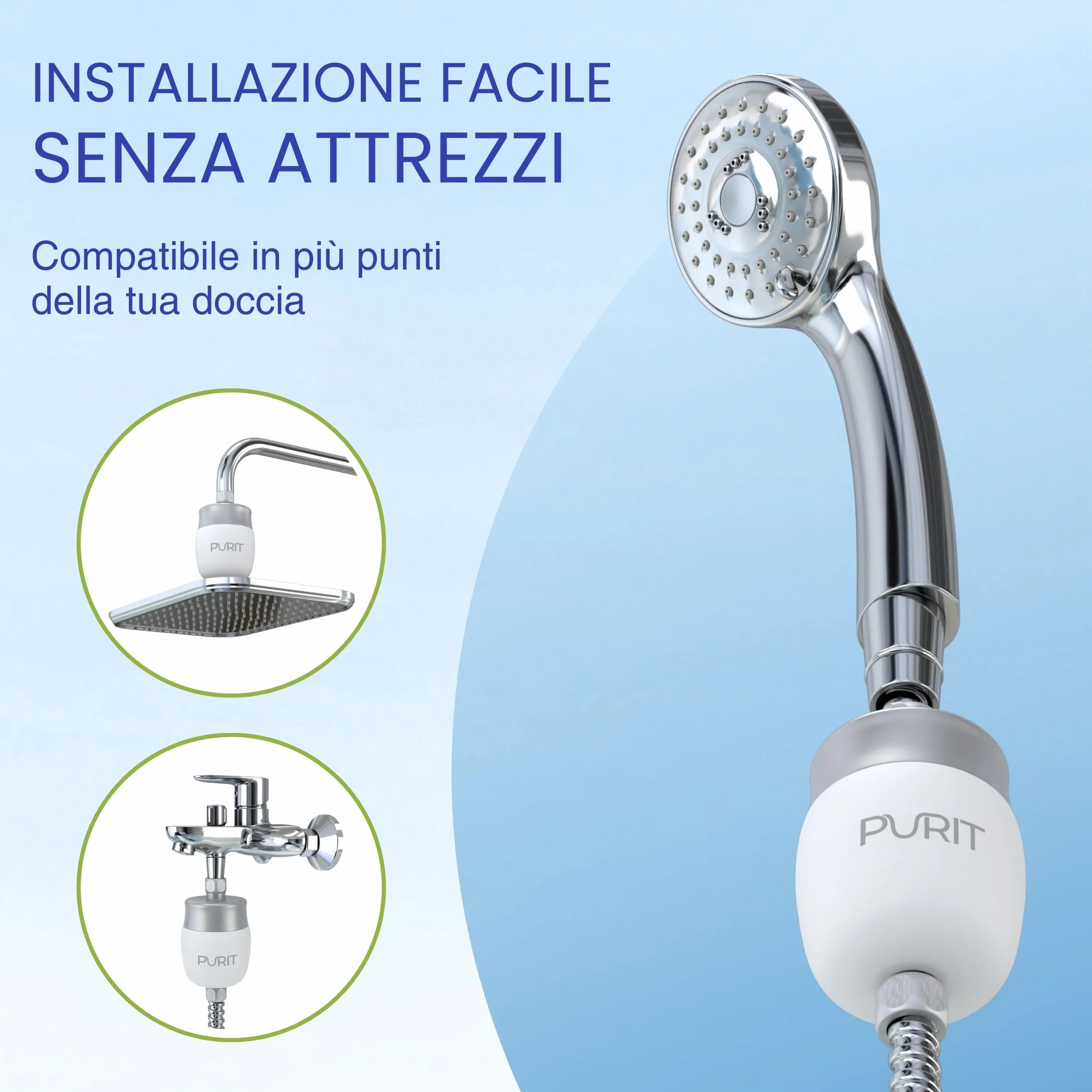 Purit Filtro Doccia Anticalcare - Compatibilità Universale - Filtra il 99,99% delle Impurità - Ideale per Pelli e Capelli Delicati