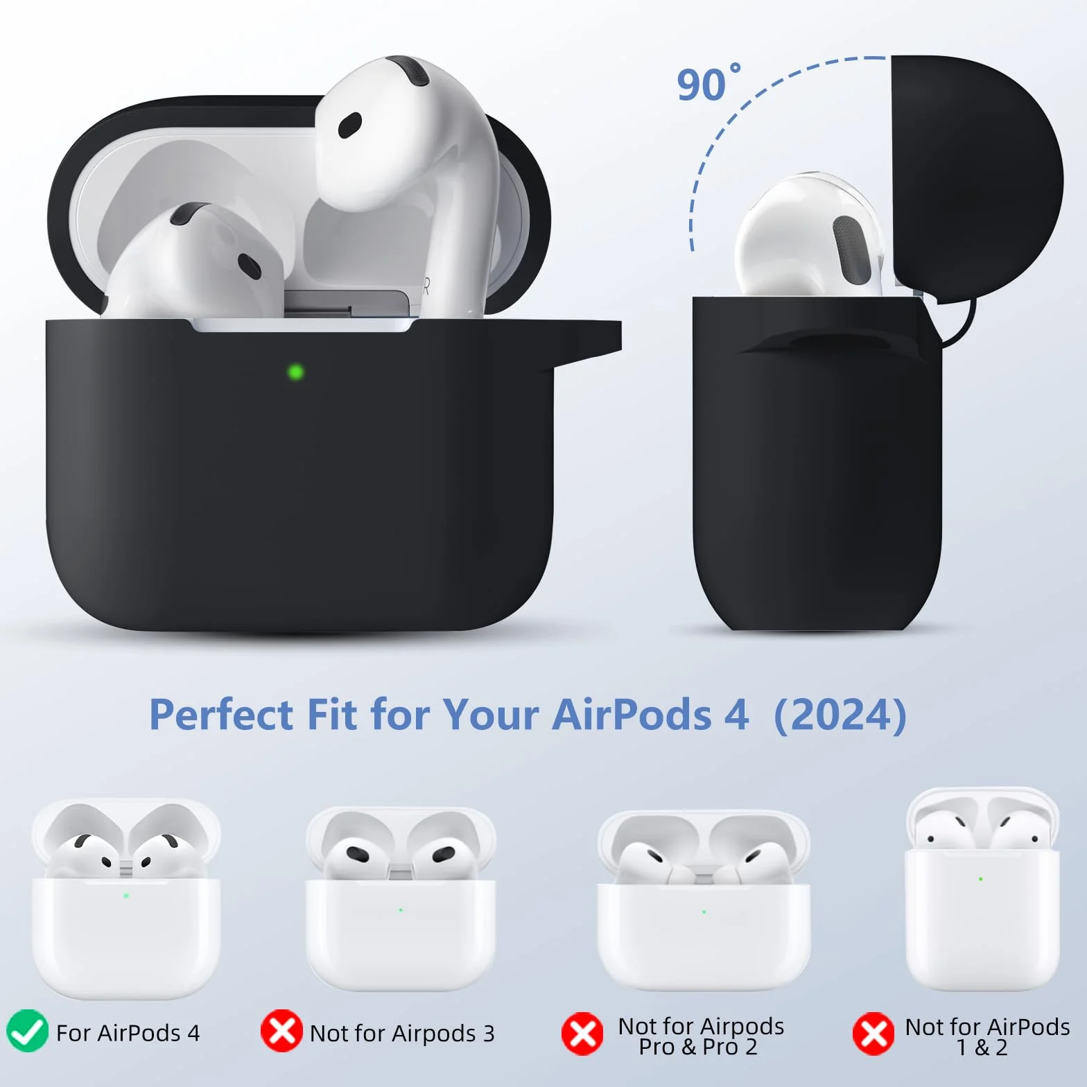 Maledan Cover Compatibile con AirPods 4 2024 Custodia, Case Protettiva Antiurto in Silicone Morbido per Apple AirPods 4 Generazione Custodia con Kit di Pulizia e Moschettone [LED visibile],Nero