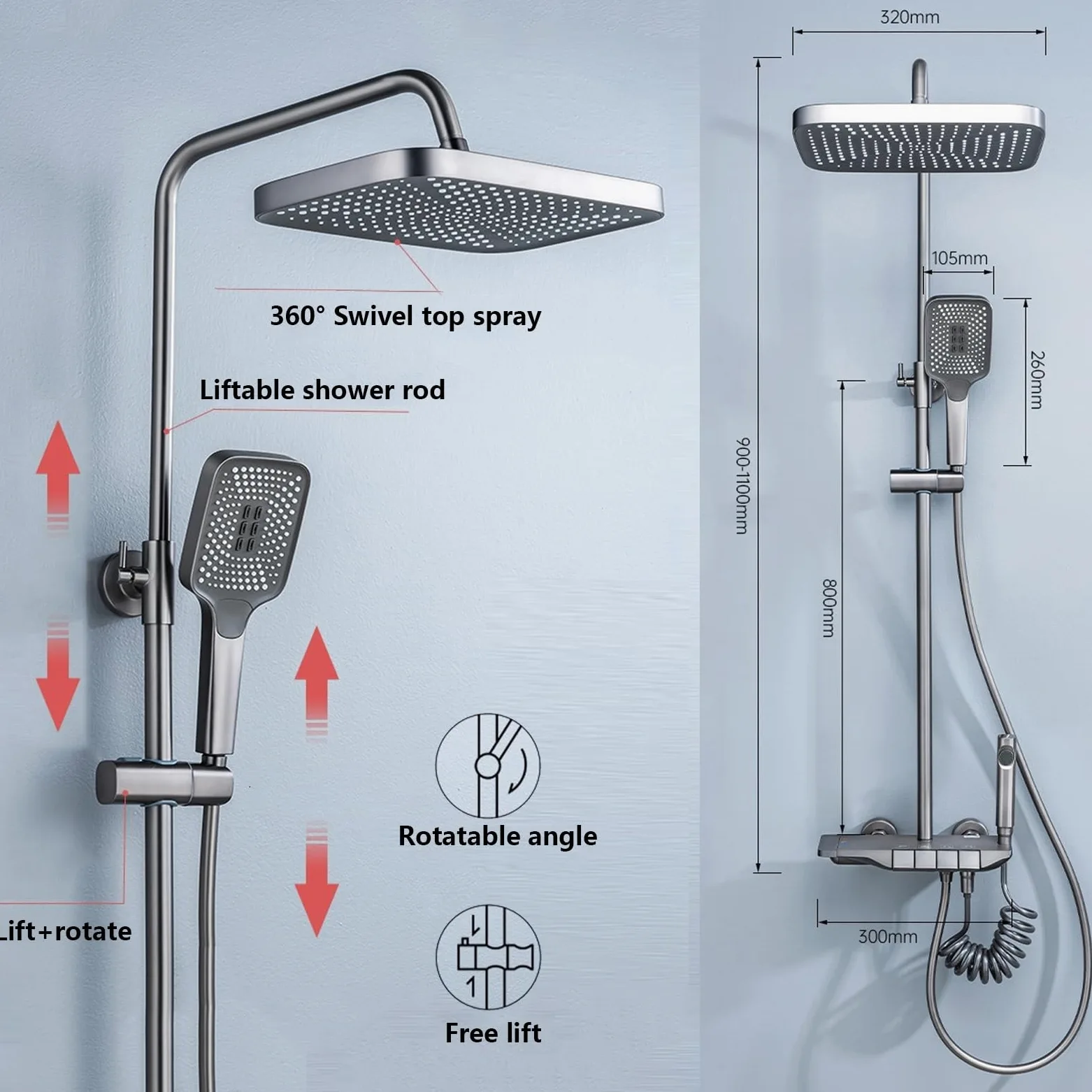Set Miscelatore termostatico per Doccia, Sistema Regolabile in Altezza, Rubinetto per Vasca a 4 funzioni con soffione Quadrato e doccetta ad Alta Pressione a 3 modalità (Nero)