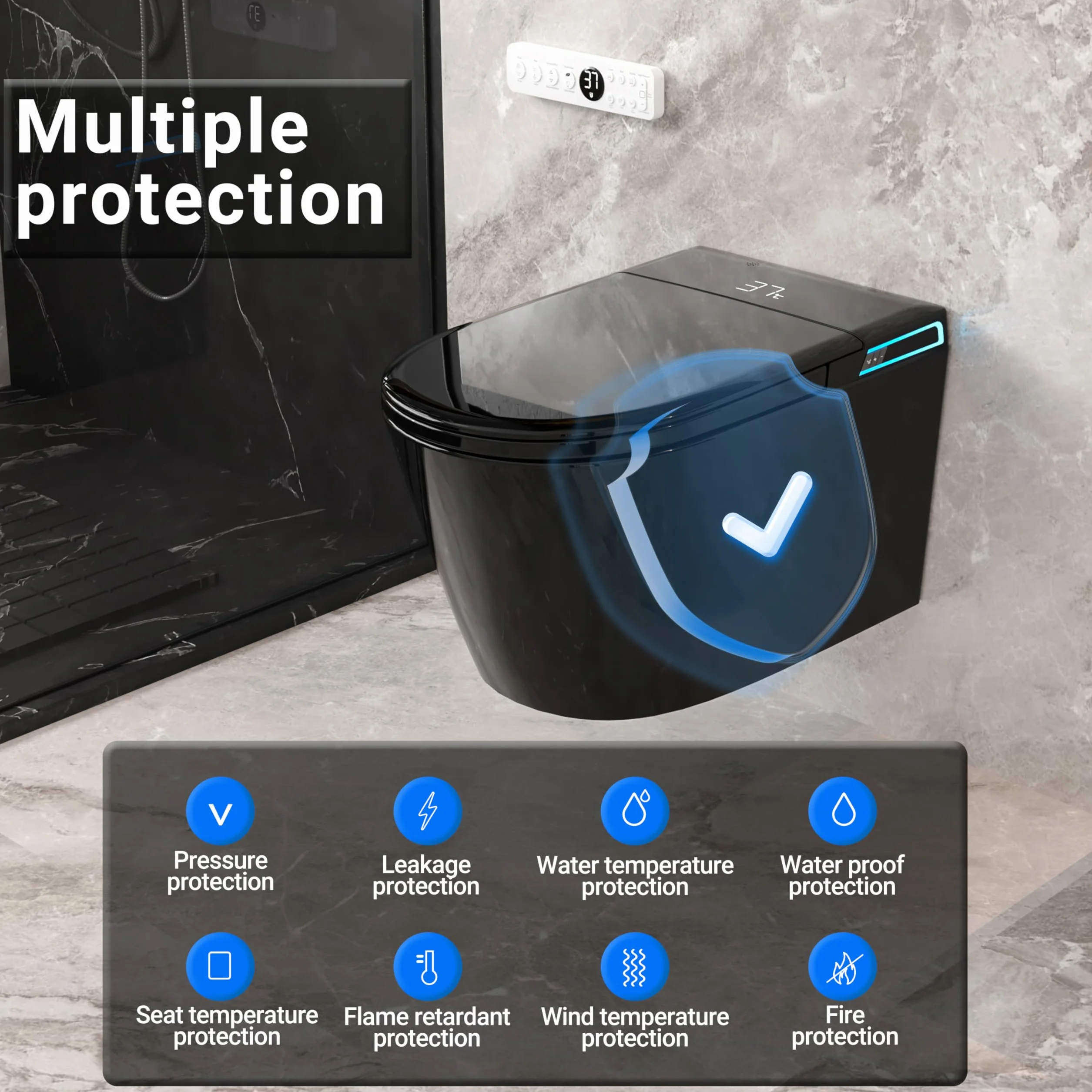 Smart WC nero da appendere alla parete, scarico automatico, coperchio con apertura e chiusura automatica, sedile riscaldato, acqua calda/asciugatrice, moderno bidet allungato con supporto a