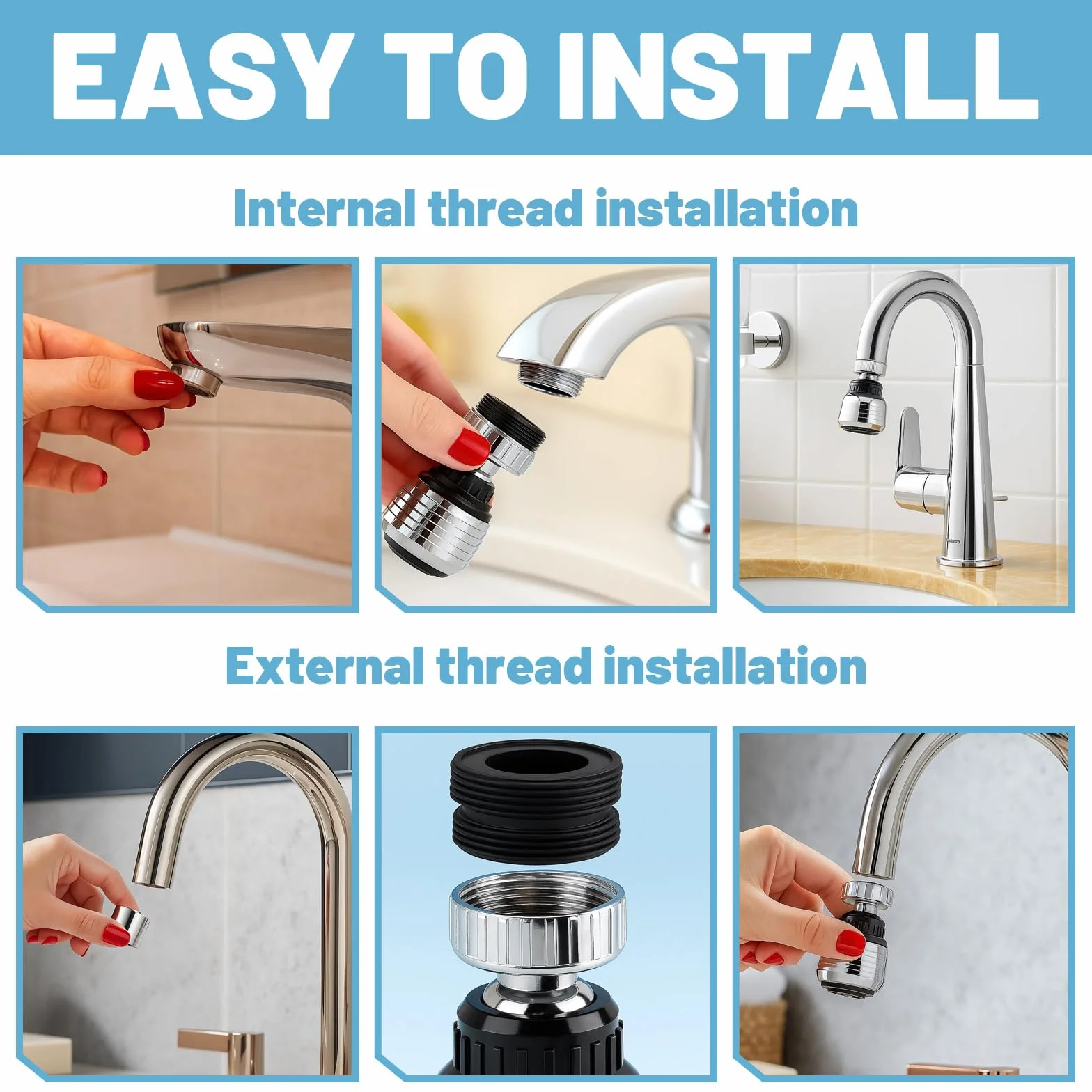Aeratore per rubinetto 2 pezzi regolatore girevole 360° risparmio acqua con adattatori