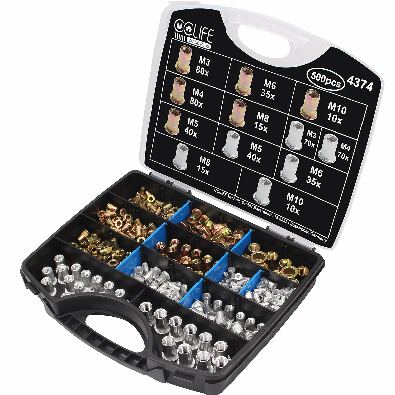 CCLIFE 500 Pezzi Rivetto Filettato in Acciaio M3 M4 M5 M6 M8 M10 Testa Piatta Dadi Rivetti con Scatola