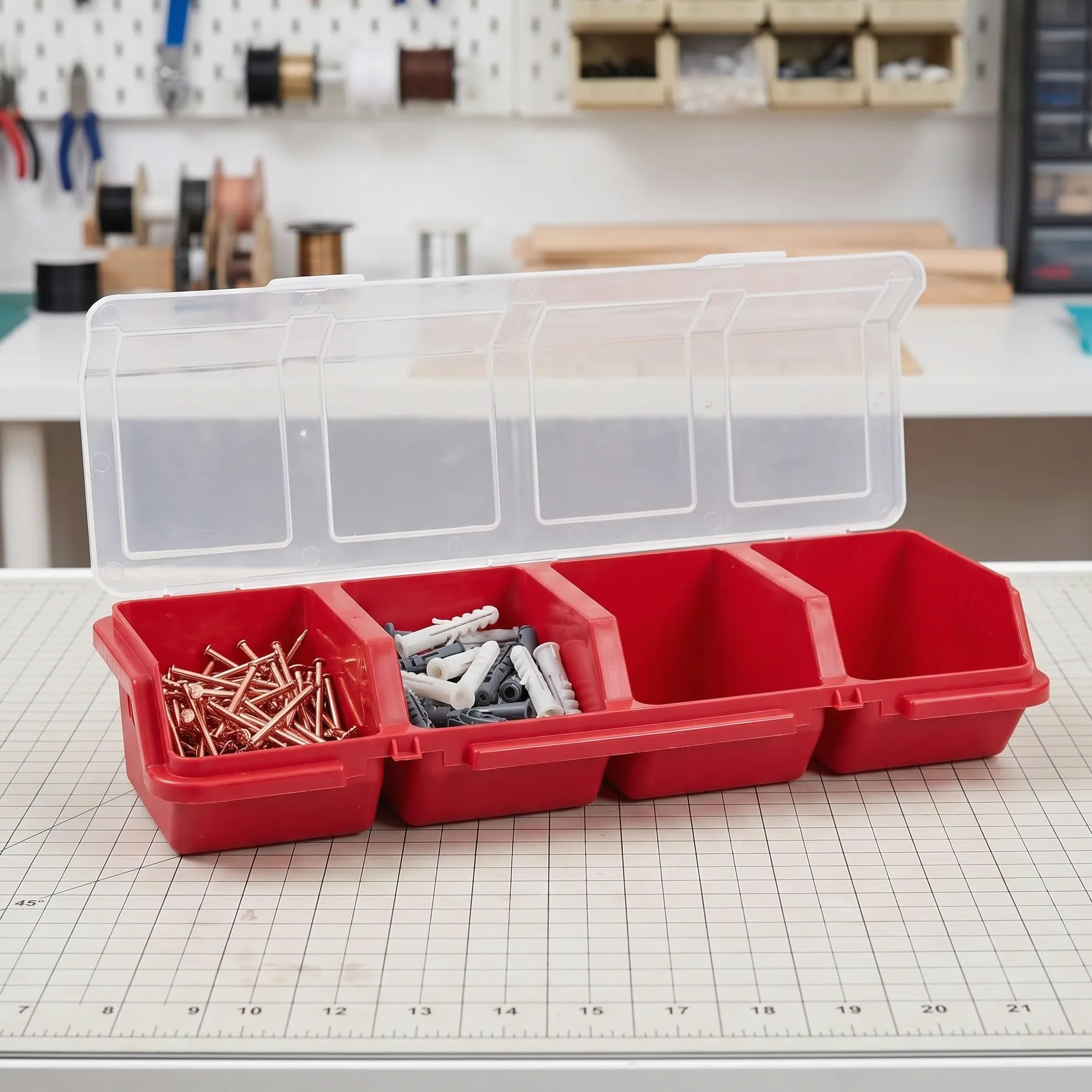 Set di 4 organizer per piccoli componenti - Valigetta portatile per riporre ferramenta con 4 divisori, coperchio trasparente e cassetta degli attrezzi per viti, bulloni, chiodi, elementi di