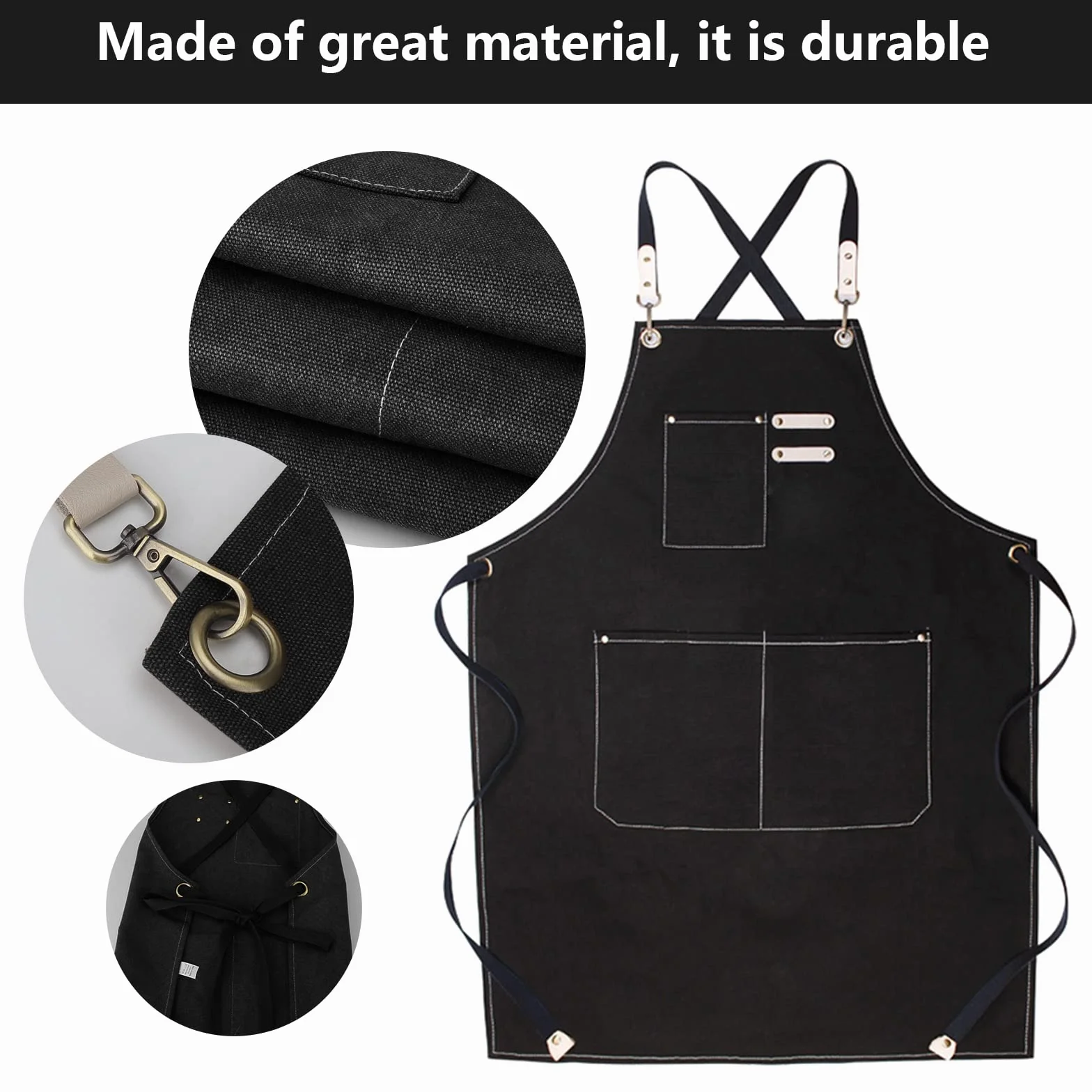 Grembiule da Lavoro, Grembiule Donna/Uomo Durevole di Tela con 3 Tasche per Falegname Tatuatore Fabbro Pittore Barista, Design a Tracolla, Adatto per Casa Lavoro Campeggio all'Aperto - Nero