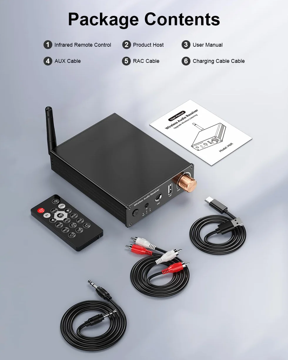 Ricevitore Bluetooth 6.0, adattatore audio wireless ad alta risoluzione con bassa latenza che supporta chiavette USB, jack da 3,5 mm, chiamate, per vecchi stereo/altoparlanti cablati