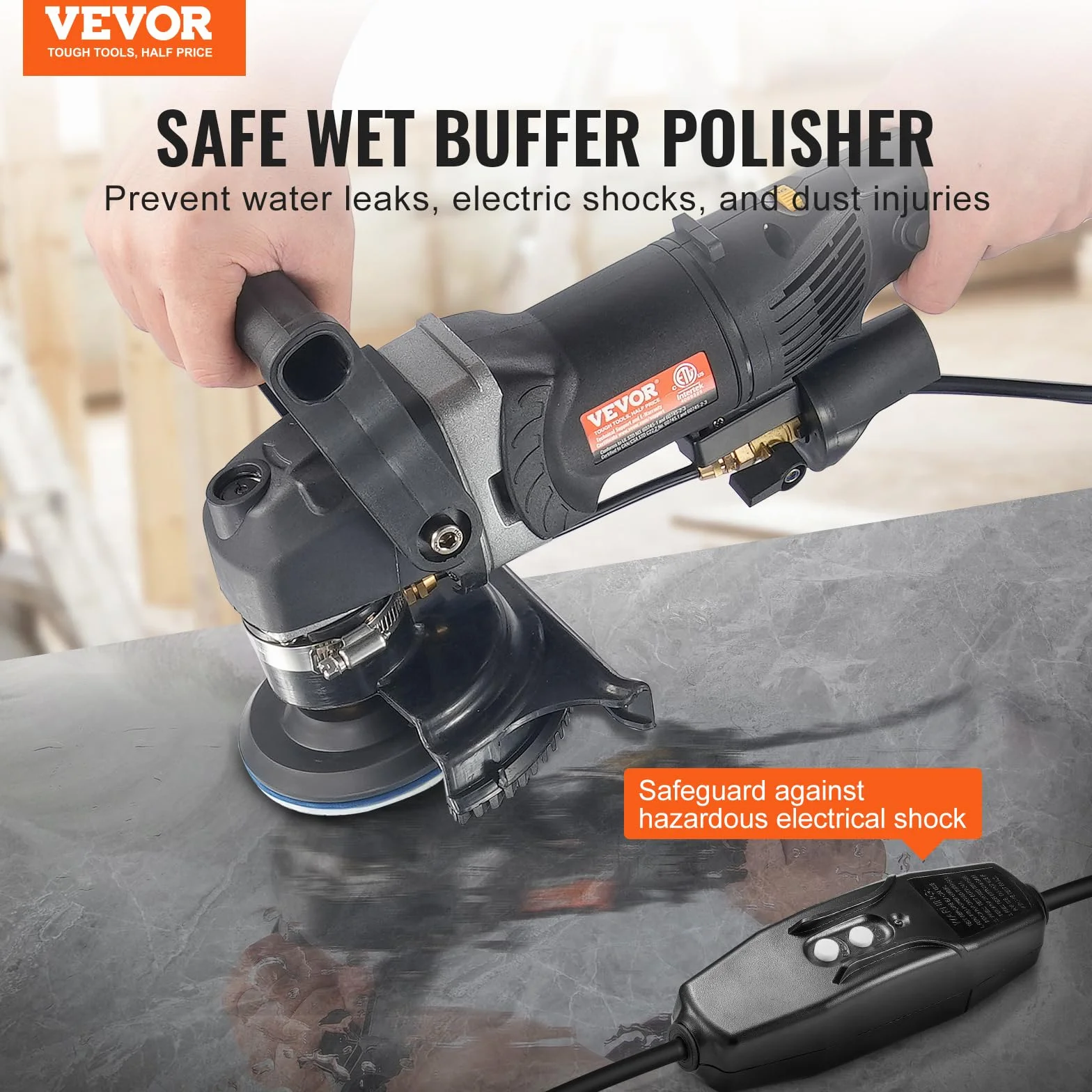 VEVOR Lucidatrice a Umido 800 W, 100 mm, 6 Velocità, 7 Tamponi, per Marmo Granito Pietra