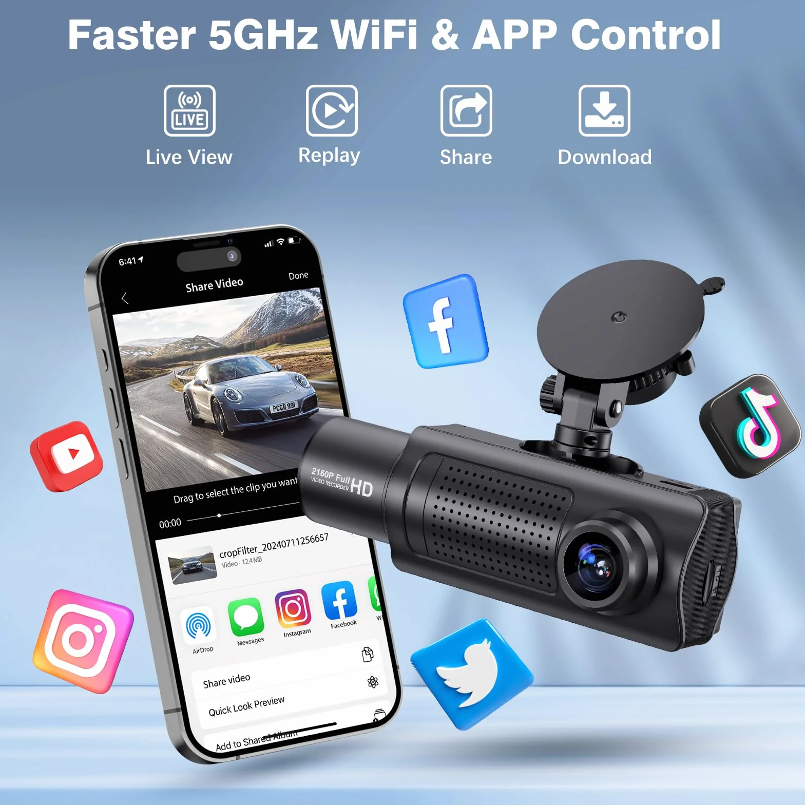 X5 4K WiFi 3-Canali Dash Cam Auto, 2160P+1080P+1080P FHD Tripla Dashcam Auto, Telecamera Auto 360° su tutti i lati, Scheda SD 64G Gratuita,G-Sensor,WDR,Visione Notturna,Monitor di Parcheggio