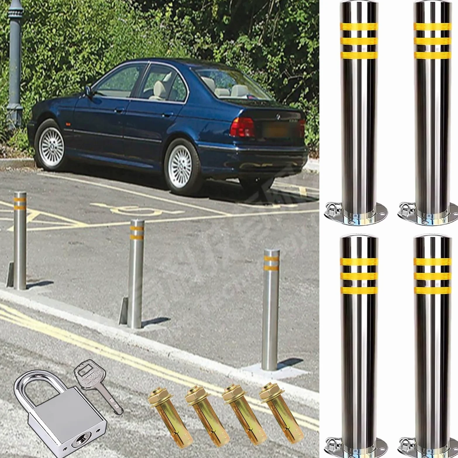 NZPOST Paletti di sosta Conici per vialetti, con Lucchetto, in Acciaio Inox, per delimitare Il Traffico (Argento, 4 Pezzi, Altezza 60 cm)
