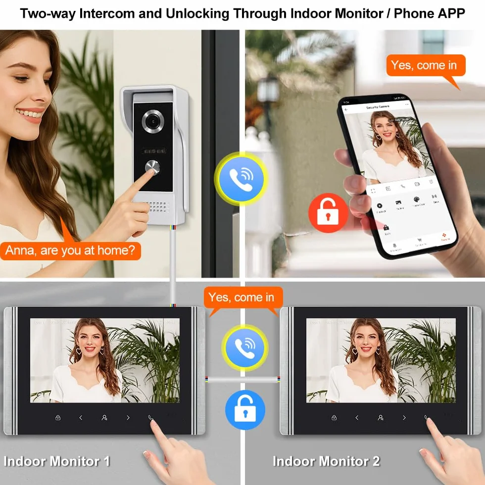 Sistema di Interfono Video per Casa WiFi 1080P HD con Telecamera Videocitofono da 7 Pollici, Schermo IPS, con 2 Monitor, Visione Notturna IR, Registrazione, Audio Bidirezionale, APP Tuya