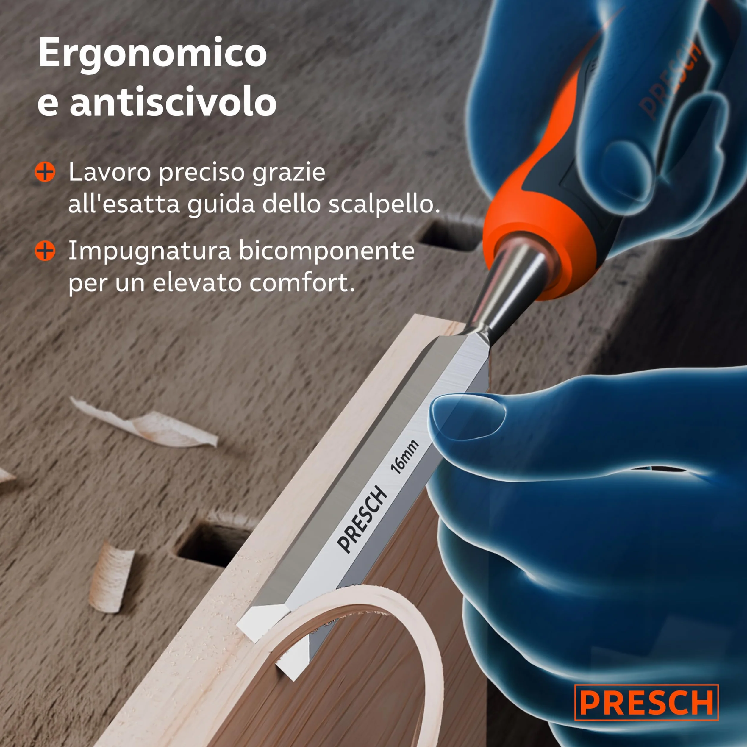 Presch Scalpello per legno 16mm 25° angolo battuta in metallo impugnatura ergonomica