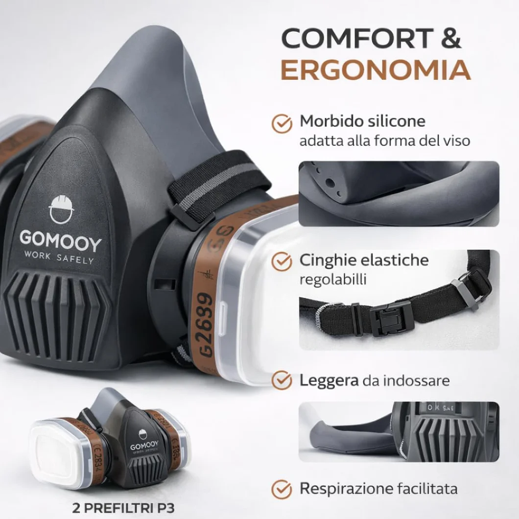 Goomoy Maschera Antigas Riutilizzabile con Doppio Filtro ai Carboni Attivi 8 Filtri Ricambio CE EN 140