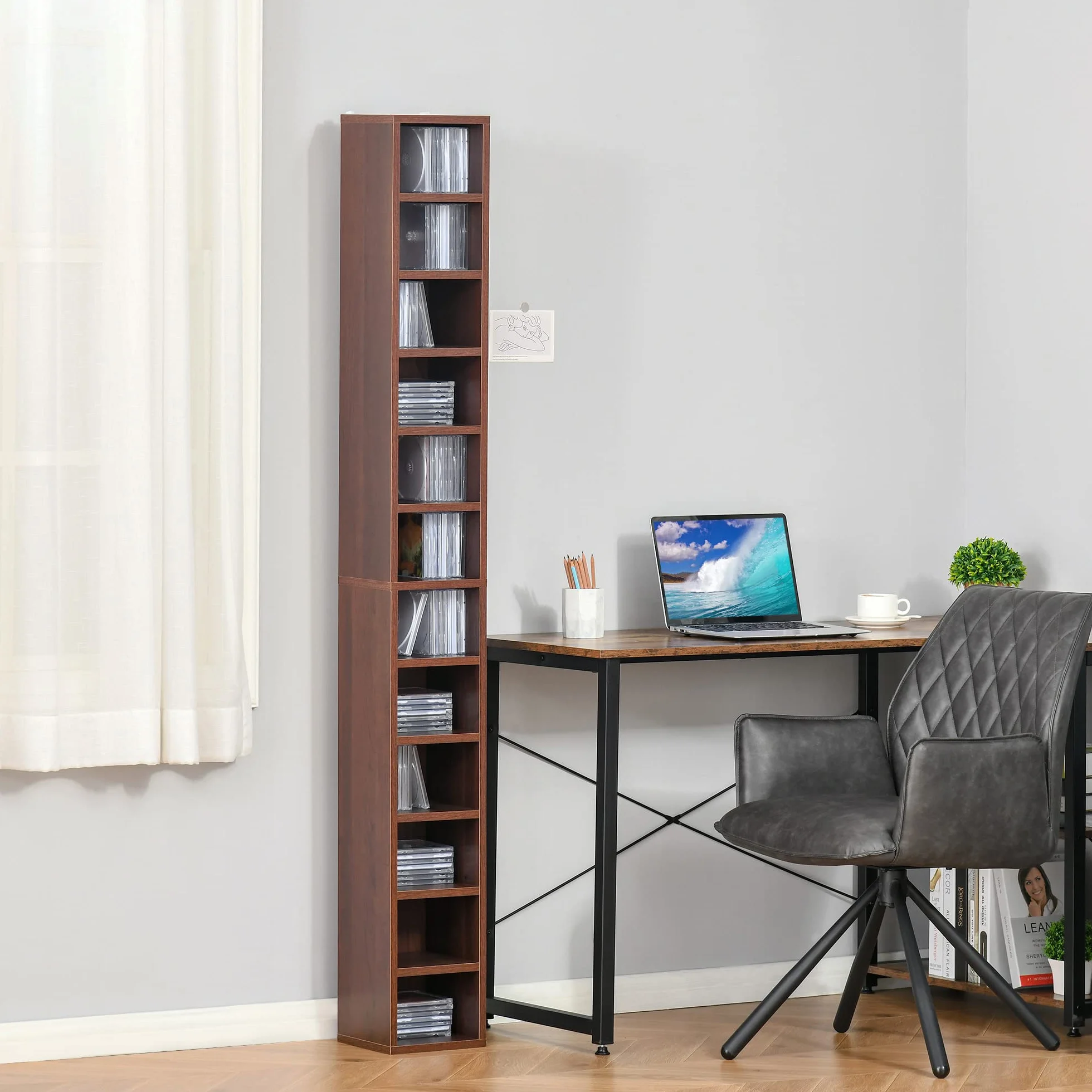 HOMCOM Mobiletto porta CD da Parete con Mensole semplice elegante funzionale in Legno mobile marrone 21 x 20 x 175cm