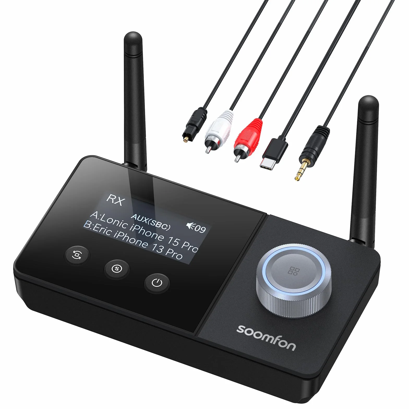 SOOMFON 3 in 1 Adattatore Audio Bluetooth 5.3, Trasmettitore/Ricevitore/Bypass Bluetooth 5.3 con doppia antenna & LCD Display 1.8 pollici, per TV, Cuffie, PC, HiFi, Casse, Aux/Ottico/RCA, Nero