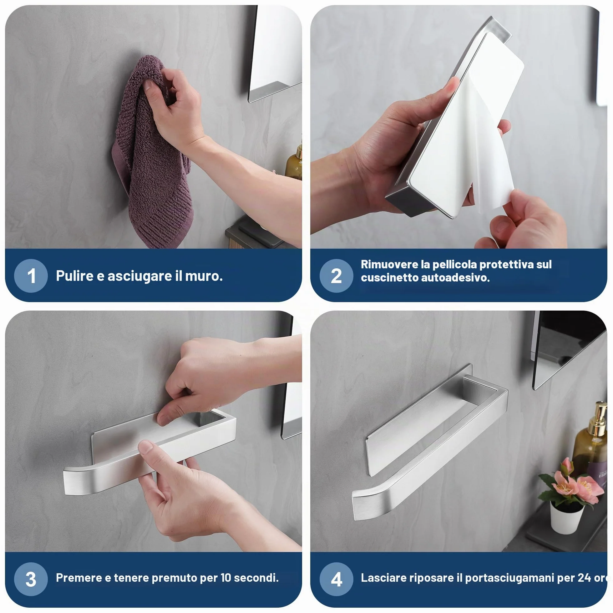 ALOCEO Porta Asciugamani Bagno Adesivo Acciaio Inox Argento 24 cm