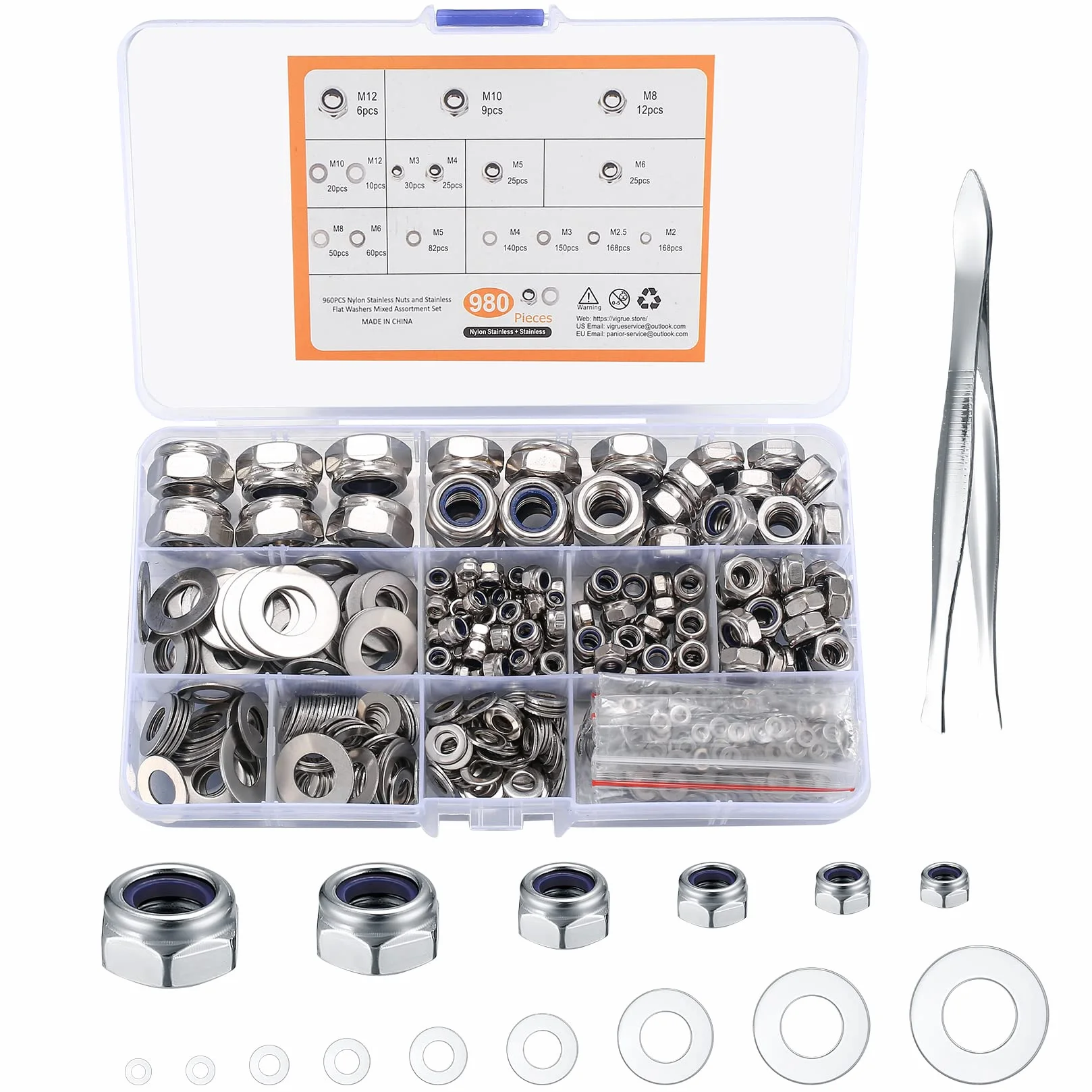 Dadi Esagonali di Bloccaggio con Rondelle Piatte Set, Acciaio Inox M2.5-M12