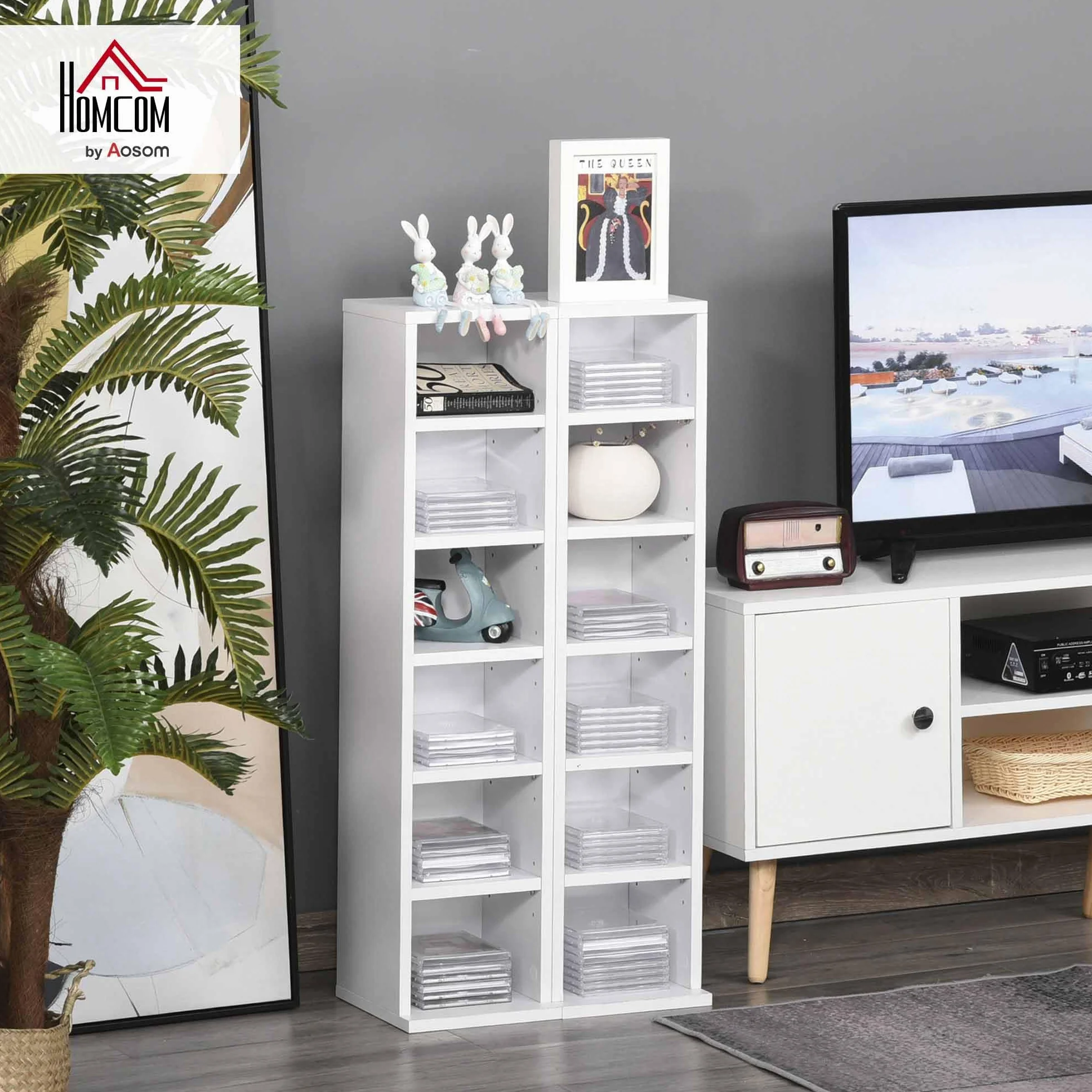HOMCOM Set 2 Pezzi Scaffali a Colonna Porta CD e DVD a 12 Ripiani Regolabili per 204 CD, Mobile Libreria Alto Salvaspazio in Legno per Camera, Soggiorno e Ufficio, 21x22.5x88.5 cm, Bianco