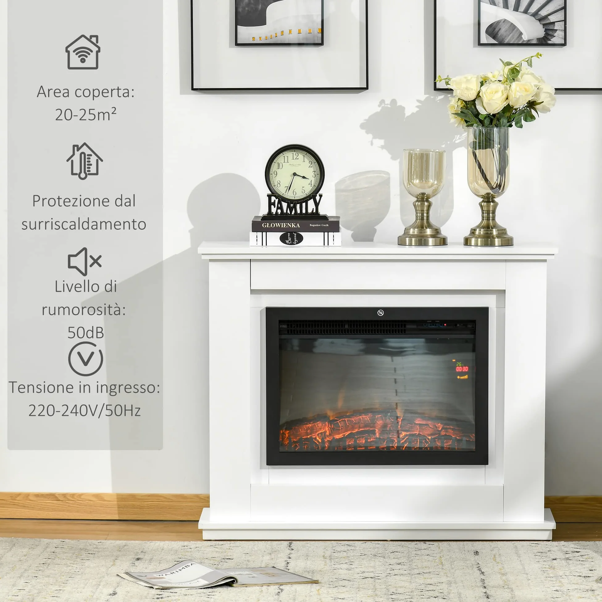HOMCOM Camino Elettrico Effetto Fiamma Realistico 98x27.5x80cm Bianco | Cornice in Legno, Caminetto Elettrico, Termostato, Protezione da Surriscaldamento, Timer e Telecomando, 1000W e 2000W