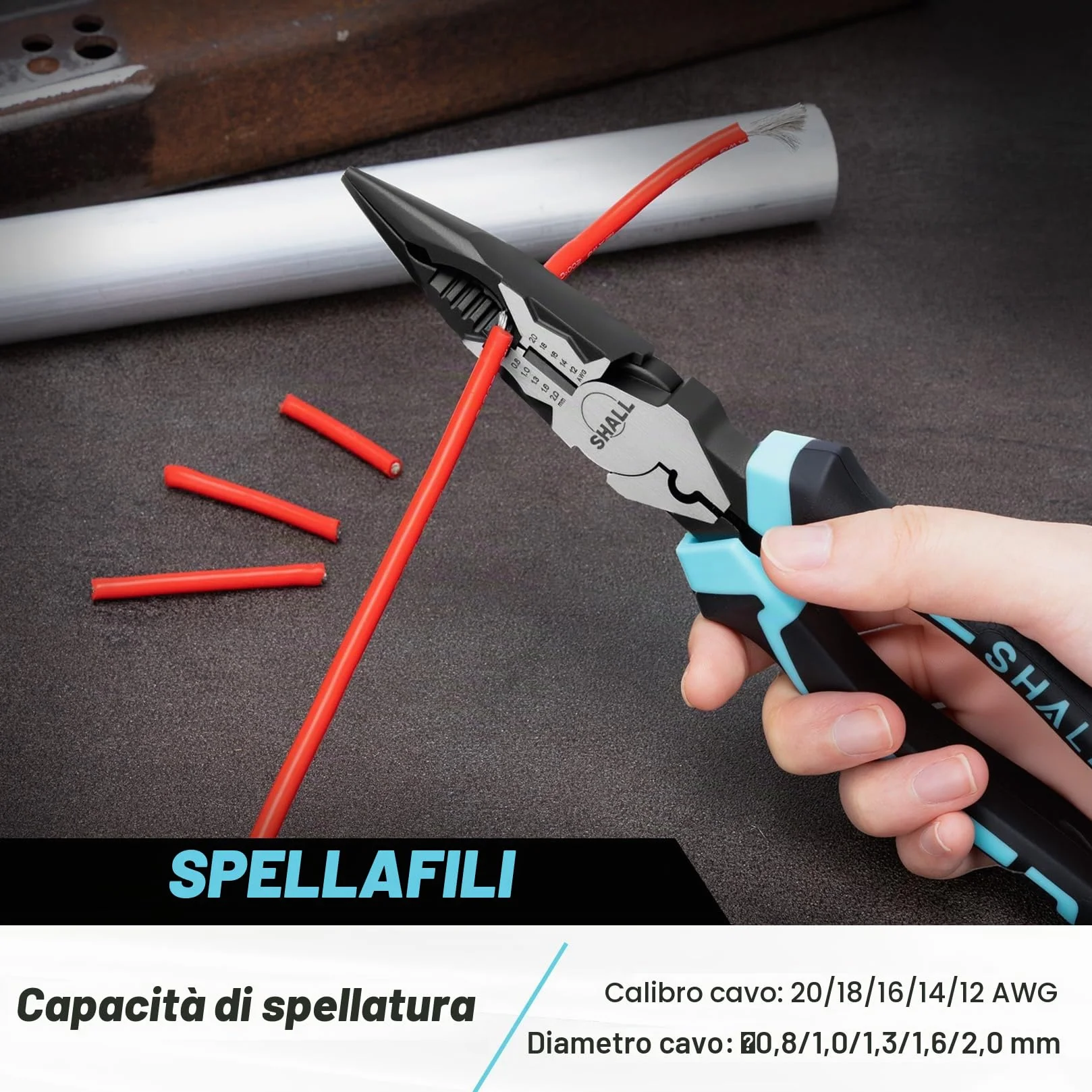 SHALL Pinze a becco lungo 20,3 cm spelafili 7 in 1 per cavi 20-12 AWG