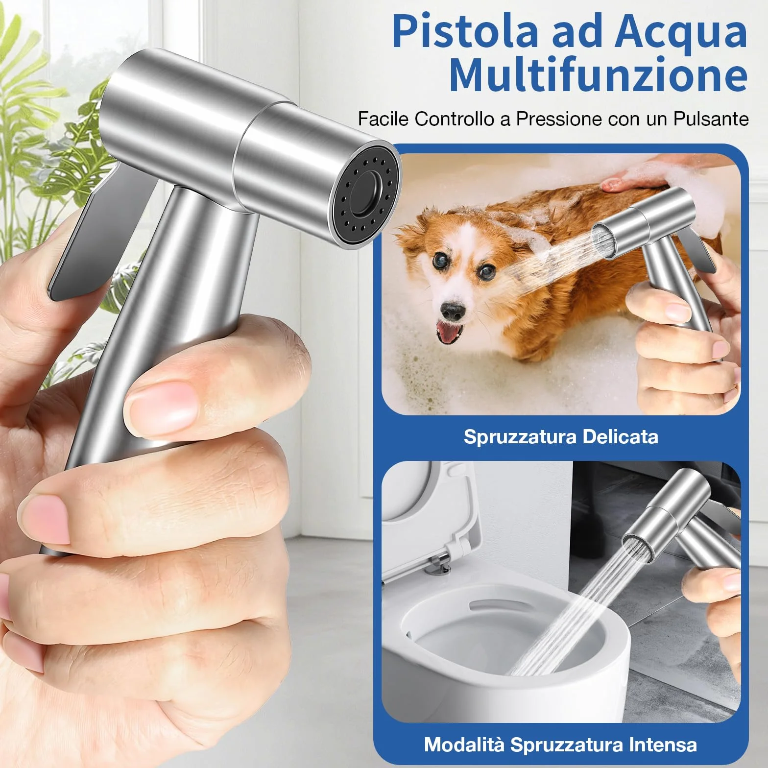 Set Doccetta per Bidet Idroscopino WC Tubo Flessibile 1,5m Supporto Adattatore Argento