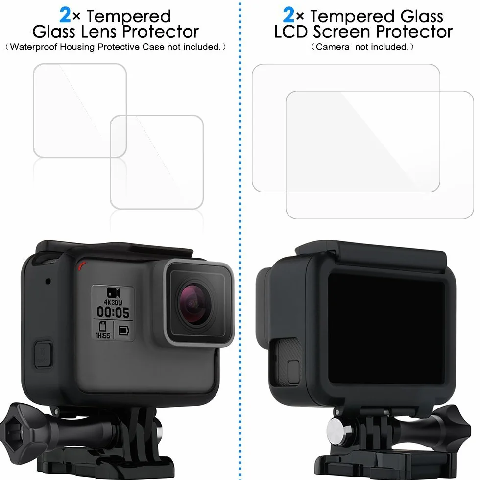 Komet WindSlayer - Custodia antivento in schiuma per parabrezza + pellicola protettiva in vetro (2 + 2 pezzi) compatibile con Hero 7, 6, 5 impermeabile fotocamera