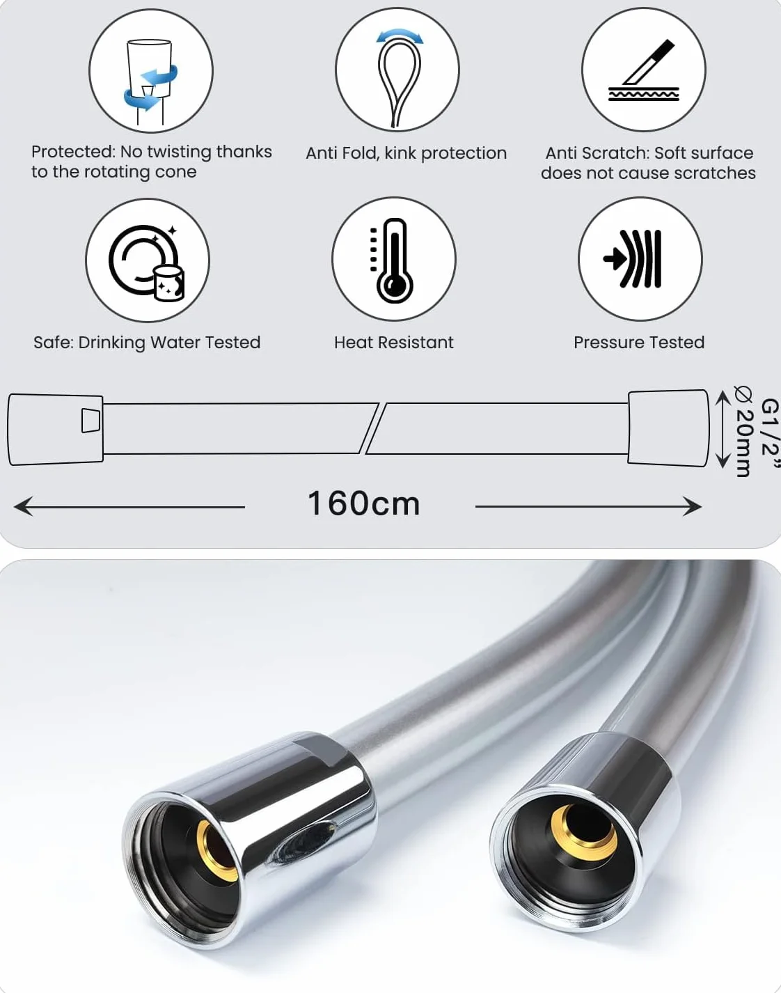YEAUPE PRO - Tubo flessibile per doccia con protezione contro la torsione, 160 cm, attacco standard da 1/2", flessibile e resistente alle pieghe, adatto all'acqua potabile e testato a pressione
