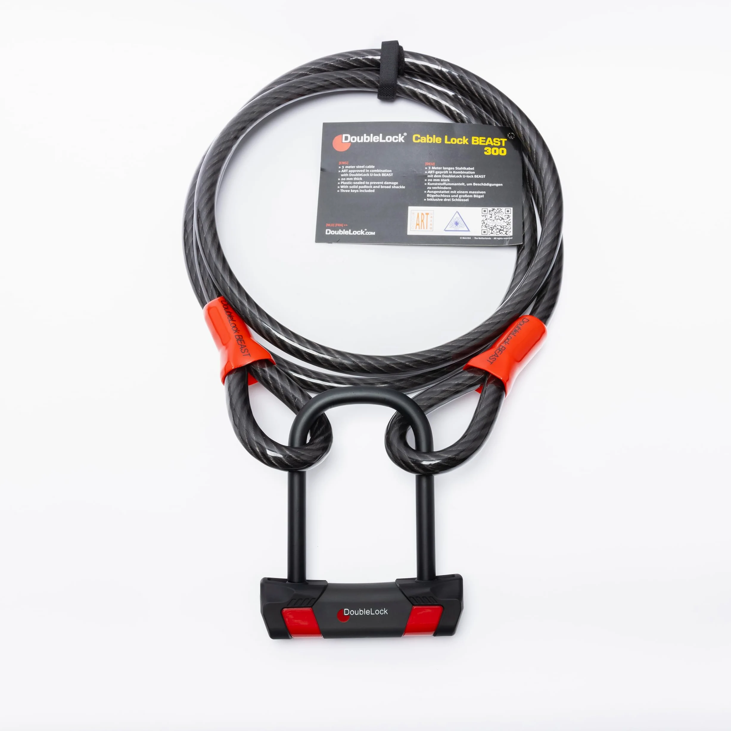 DoubleLock - Lucchetto a cavo - BEAST 300 ART - Lucchetto di sicurezza - Chiusura per uso pesante - Si blocca in cinque secondi - Nero - Cavo in acciaio approvato ART - 300 cm