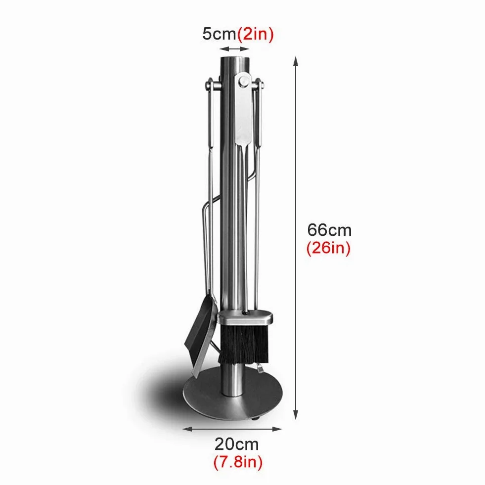 Set di 5 attrezzi da camino in acciaio inox con moderno supporto antiruggine resistente, include pala, spazzola, attizzatoio e pinze