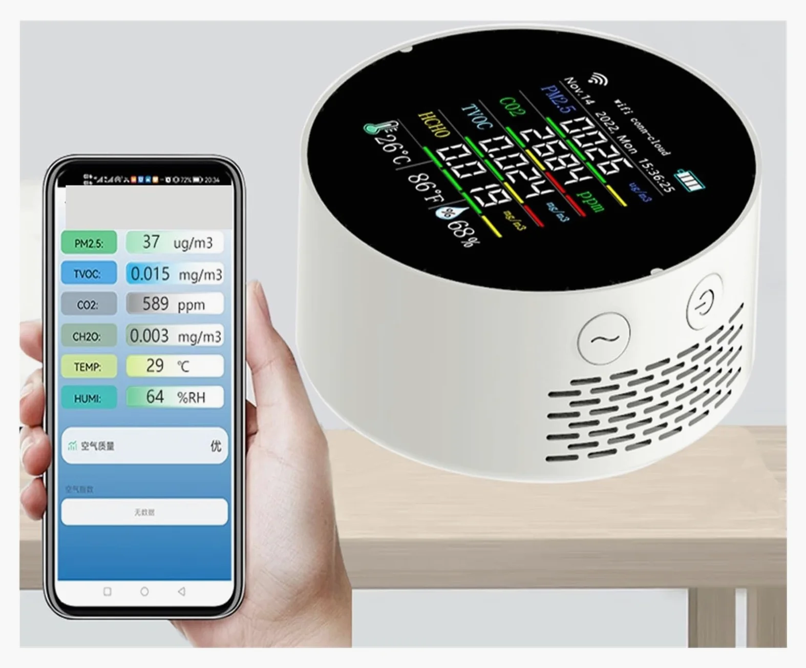 Misuratore di qualità 'aria 7in1 PM2.5 CO2 TVOC HCHO Tester umidità a temperatura Controllo APP con funzione allarme calendario,Alta Precisione