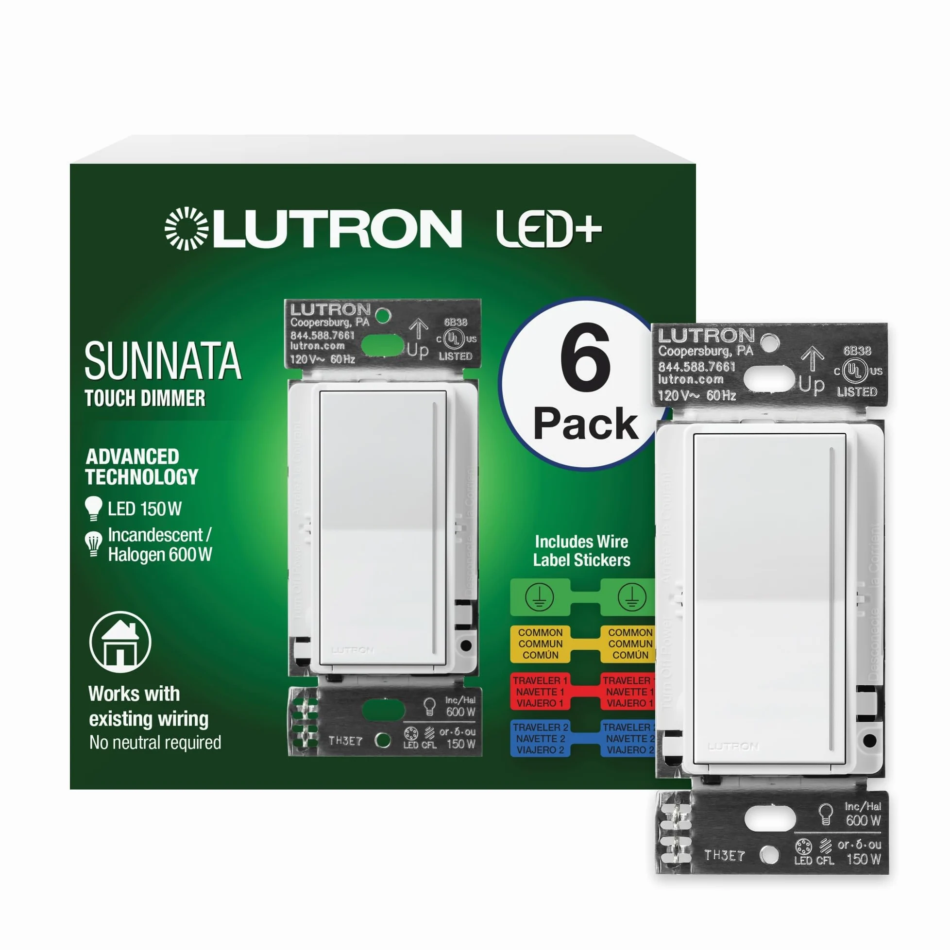 Lutron Sunnata STCL-153MS-WH, interruttore dimmer touch con tecnologia avanzata LED+ per LED e incandescenza, 3 vie/multi posizione, bianco (confezione da 6)