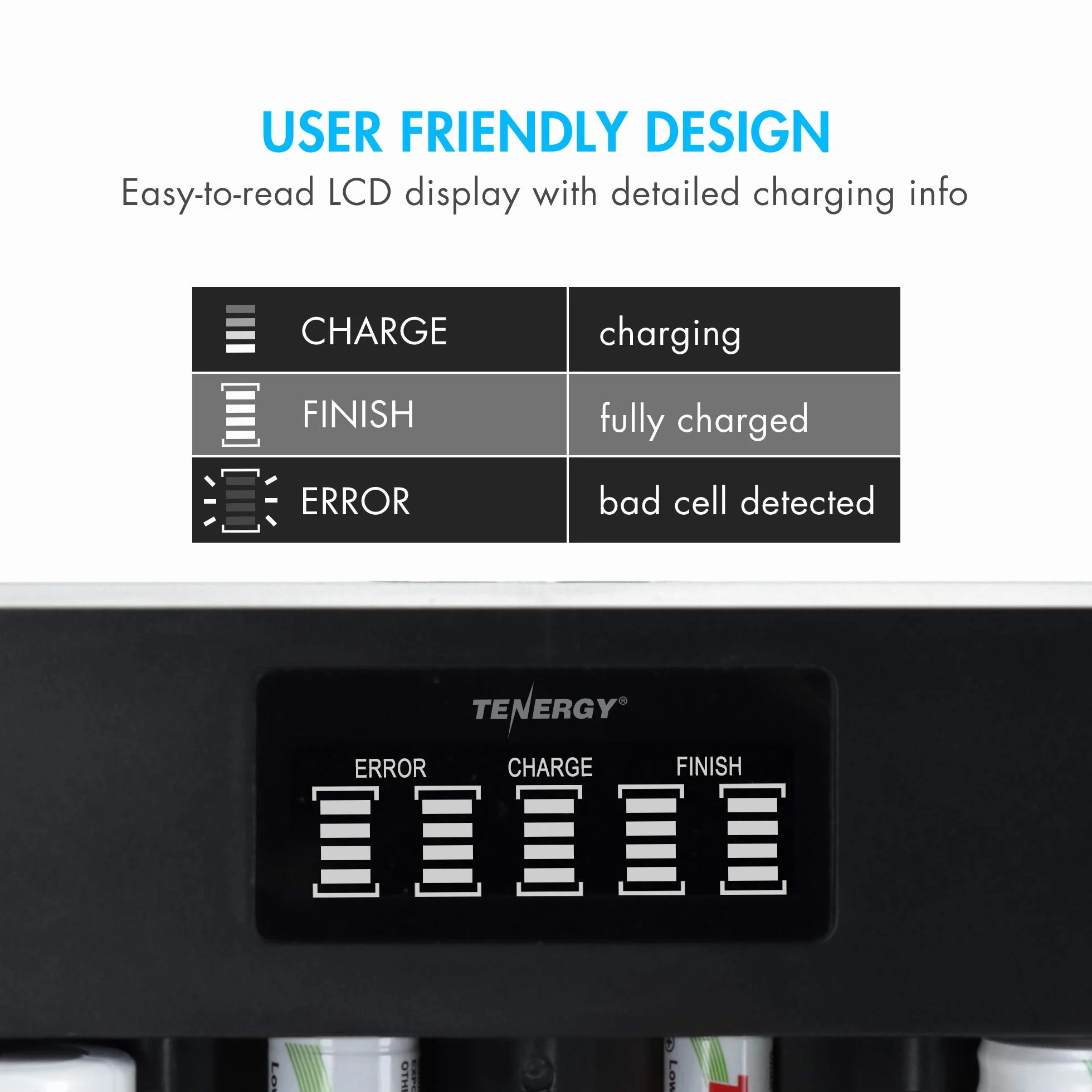 Tenergy Confezione da 4 batterie Centura Lite D Size e caricabatterie universale TN486U a 5 alloggiamenti con LCD, ingresso micro USB/tipo C