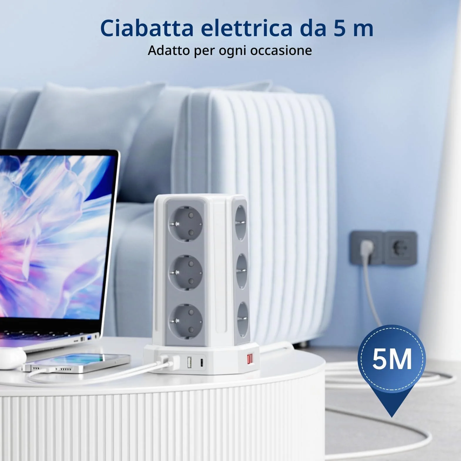 Sameriver, Ciabatta multipla con interruttore, 12 prese, con 3 USB A+1 USB C, ciabatta con cavo di prolunga da 5 m, protezione da sovratensione per casa, ufficio F (Schuko)