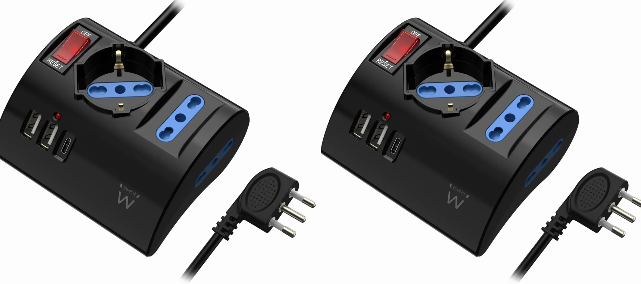 Ewent Multipresa da scrivania/tavolo con 3 Prese 10/16A e 2 porte USB-A e 1 porta USB-C, Interruttore ON/OFF, 3500W, Protezione da Sovraccarico,Spina IT10A e cavo da 2mt,Nera, 3 prese (2ITA/Schuko)