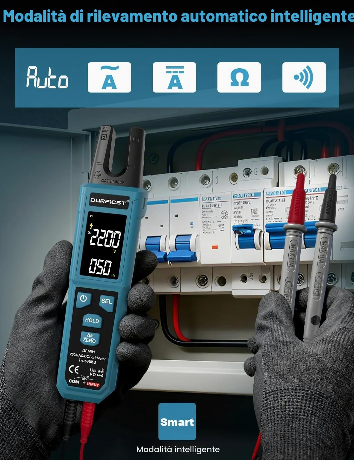 DURFICST Pinza Amperometrica TRMS 4000 Conteggi, con AC/DC 200 A & 600 V | Digitale Pinza Amperometrica AC DC con Test NCV, Continuità, Misurazione di Capacità e Temperatura