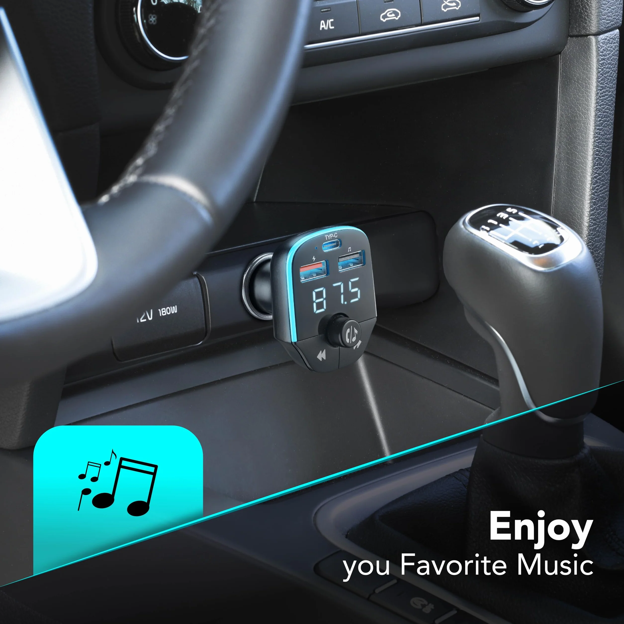 Cellularline - Car FM Transmitter - Trasmettitore FM Bluetooth® per autoradio - USB Music Player - Caricabatterie Auto 20W - Quick Charge 3.0 - Chiamate Hands Free - Luci RGB - Nero