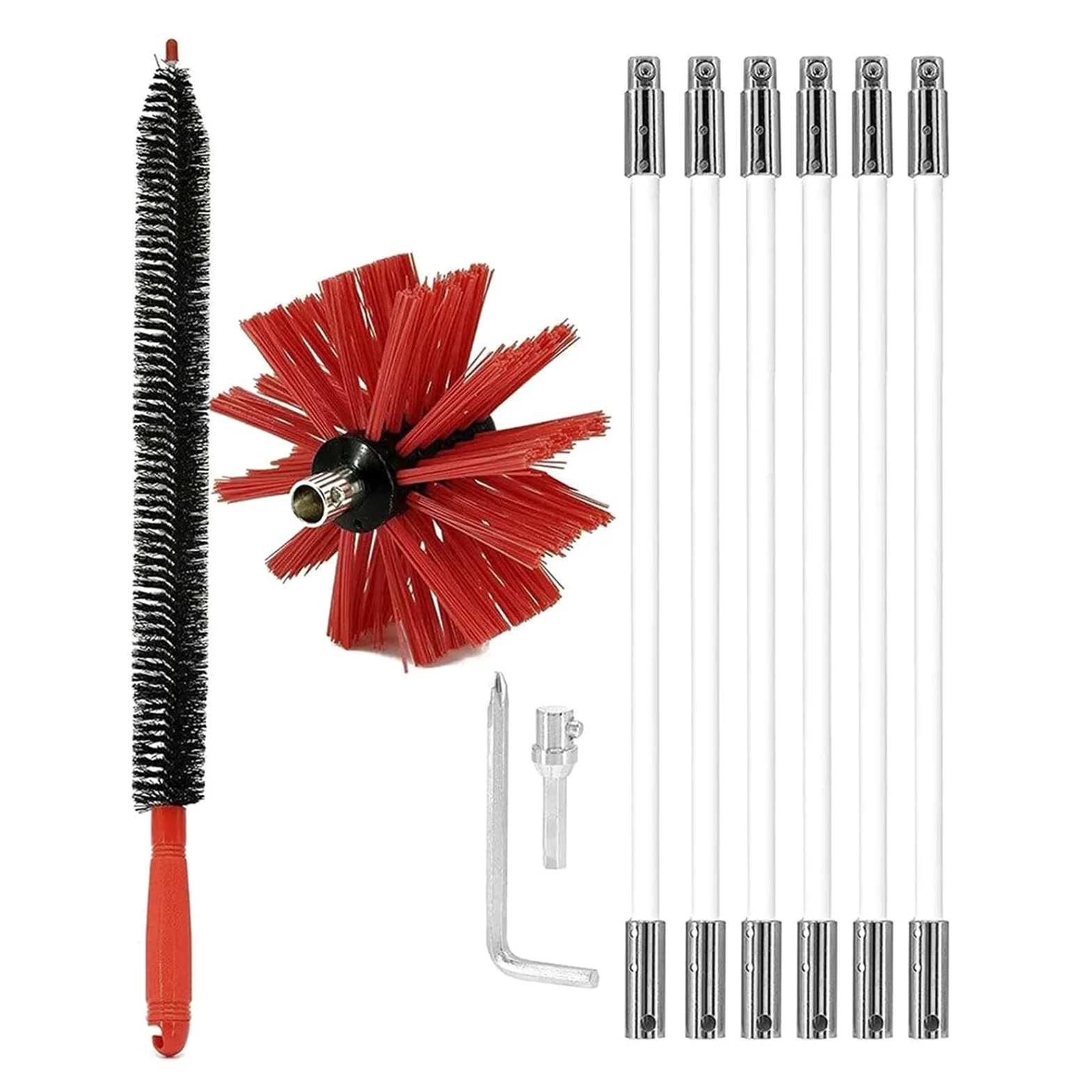 Kit Spazzacamino da 3.6M, Strumenti per La Pulizia del Camino con 6 Aste Flessibili, Una Testina in Nylon e 1 Pennello a Mano, Kit Spazzola per Camino per Camino, Asciugatrice, Sfiato