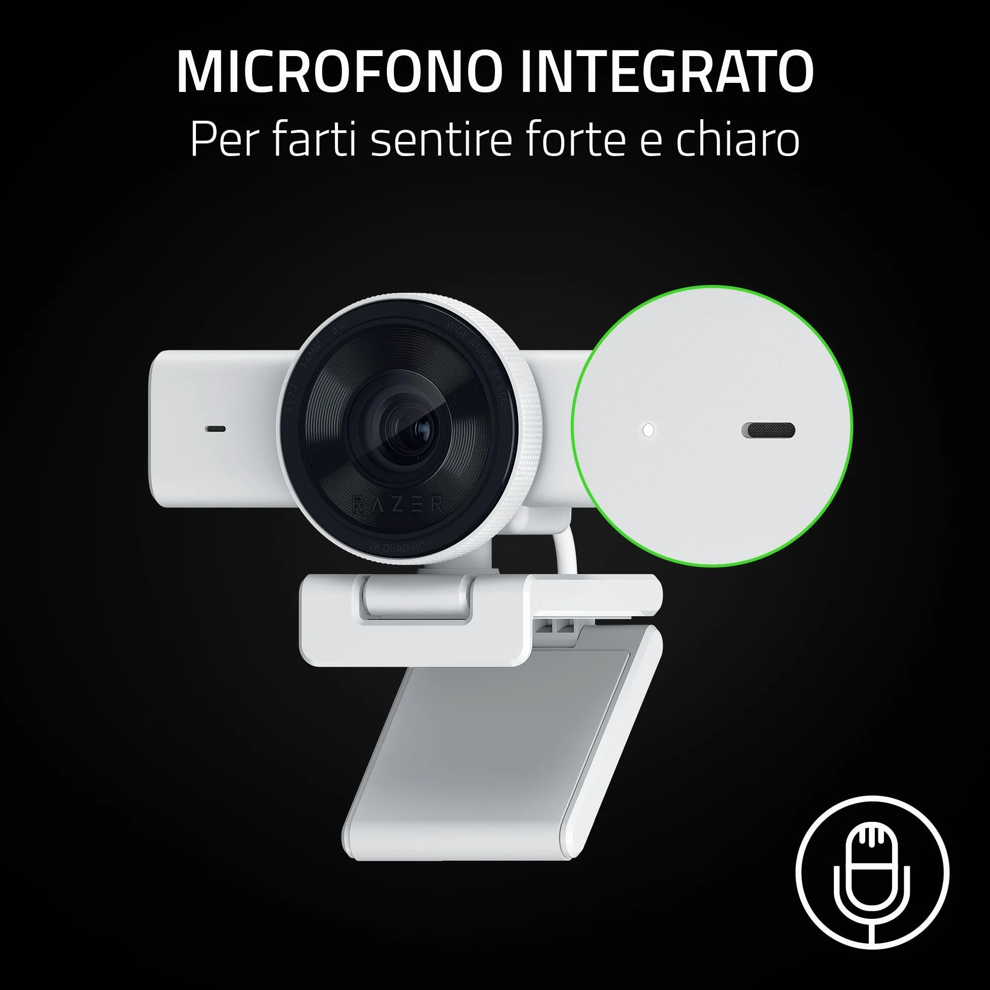 Razer Kiyo V2 X - Webcam Full HD 1080p 60 FPS per Creatori - Autofocus Veloce - Obiettivo Grandangolare - Microfono Integrato - Compatibile con Open Broadcaster Software e Xsplit | Bianco