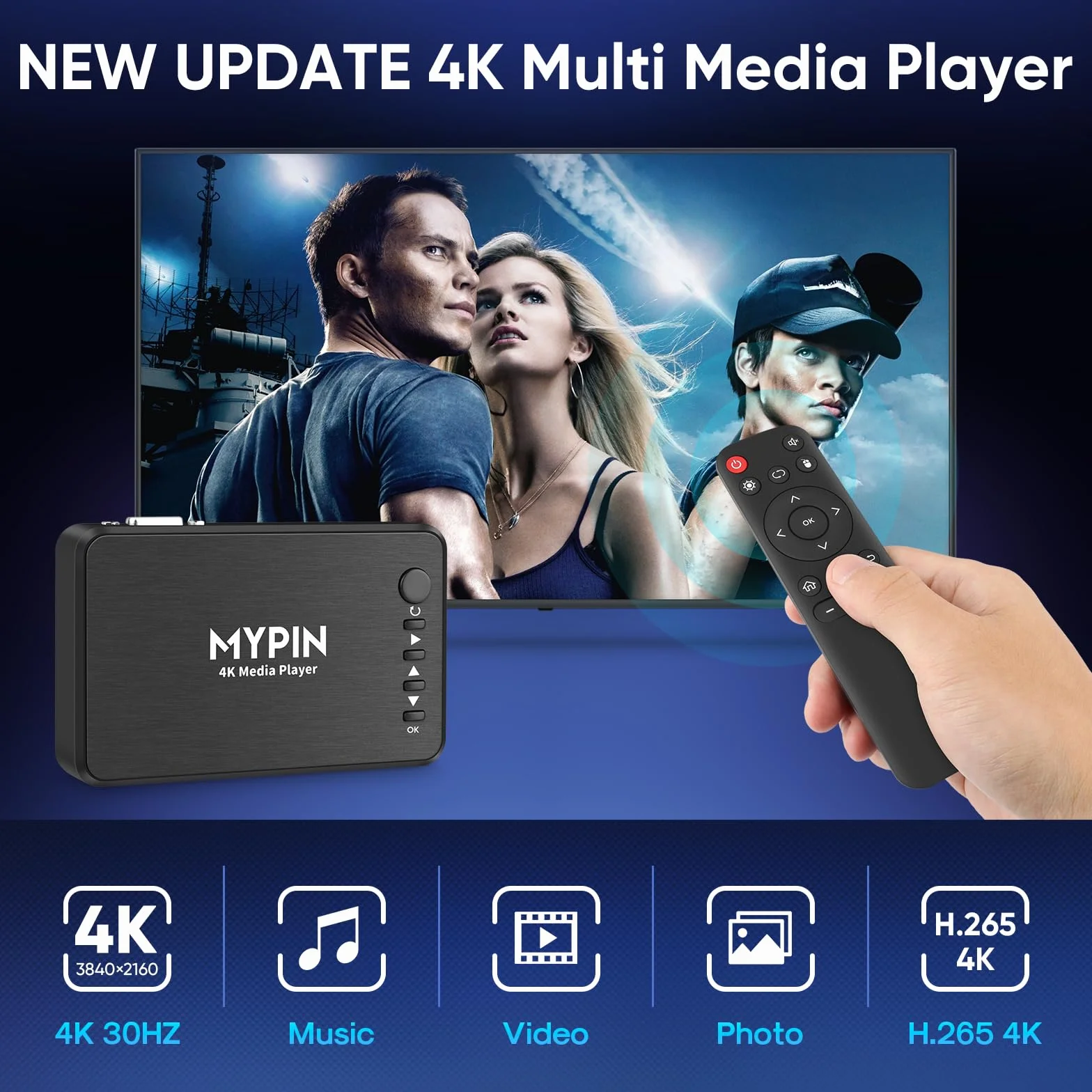 MYPIN - Lettore multimediale 4K, lettore multimediale HDMI per lettura USB / scheda SD con uscita HD HDMI/AV/VGA per RMVB/MKV/JPEG ecc. con telecomando