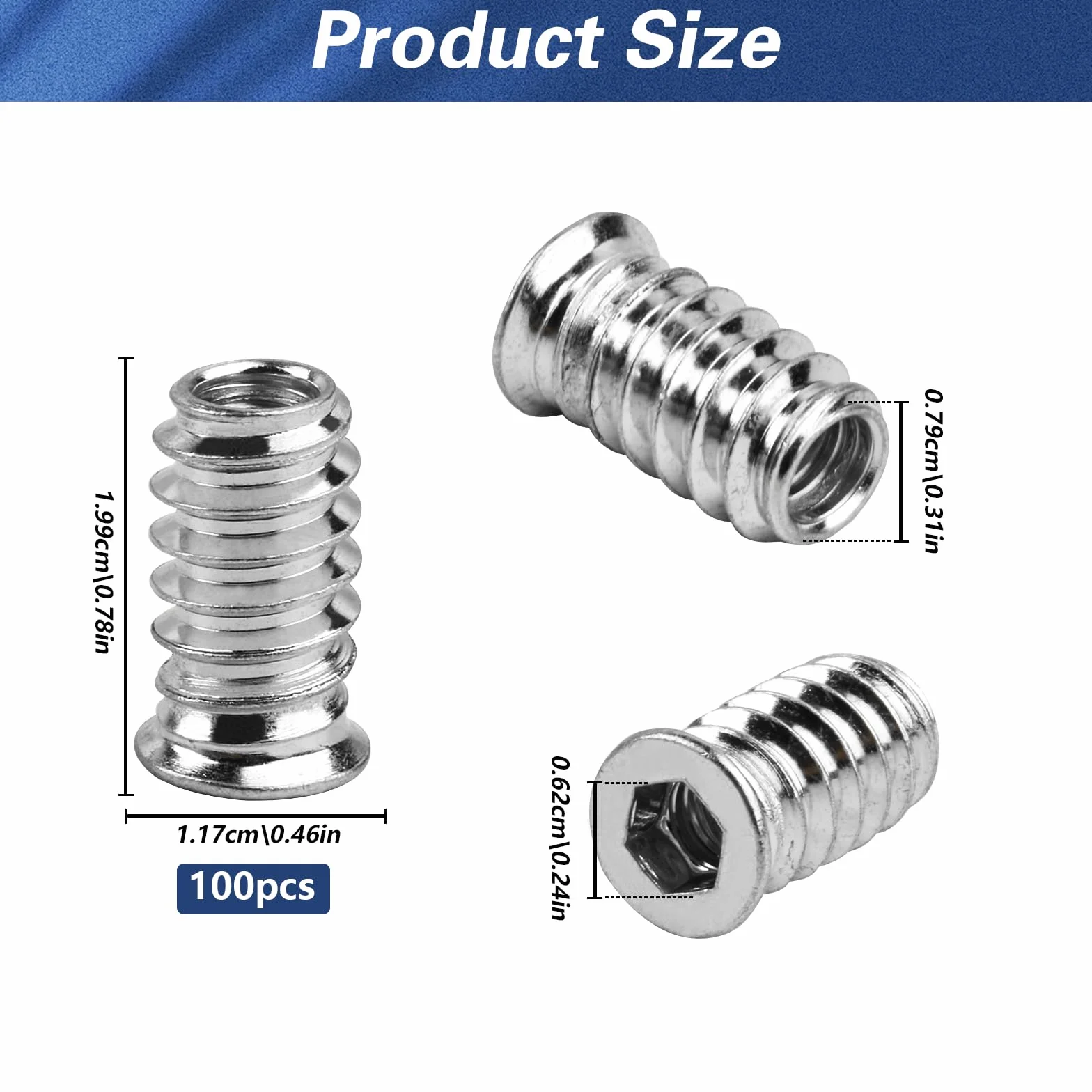 100 dadi di avvitamento M6 x 20 mm, inserto filettato in legno, inserti filettati in acciaio zincato, manicotto filettato a esagono incassato per mobili in legno