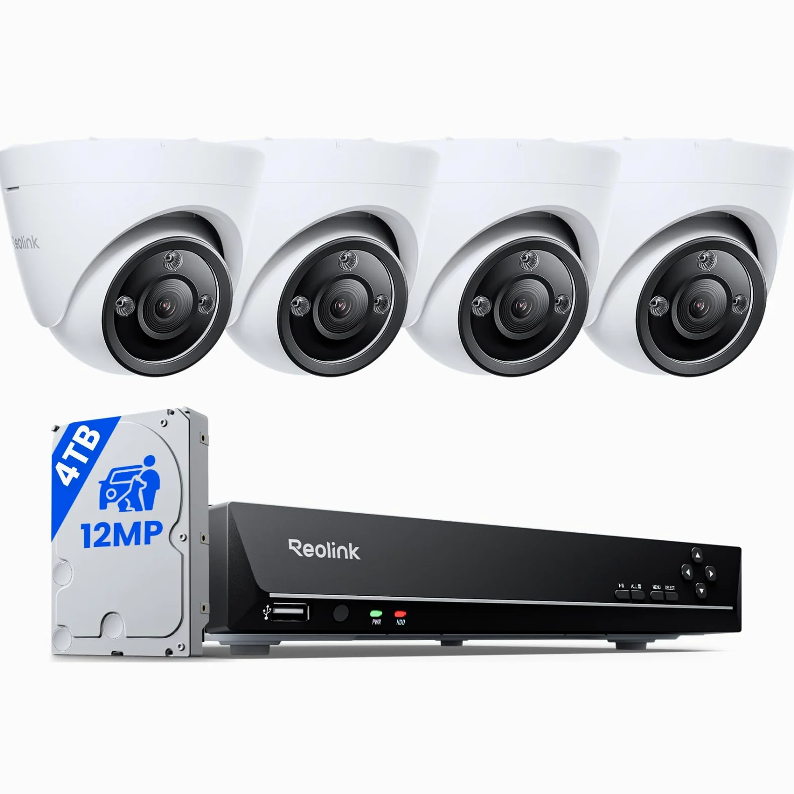 Reolink 12MP Kit Videosorveglianza PoE, NVR 8CH 4TB e 4X Telecamera Esterno Interno con Faretto, Rilevamento di Persona/Veicolo/Pet, Audio Bidirezionale, Sistema Espandibile a 16TB, RLK8-1200D4-A