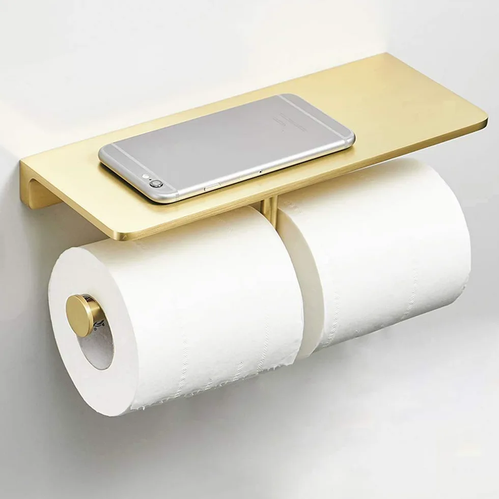Portarotolo doppio in ottone spazzolato con mensola, dispenser per carta igienica da parete per bagno e cucina, elegante porta rotolo con ripiano per telefono, facile installazione