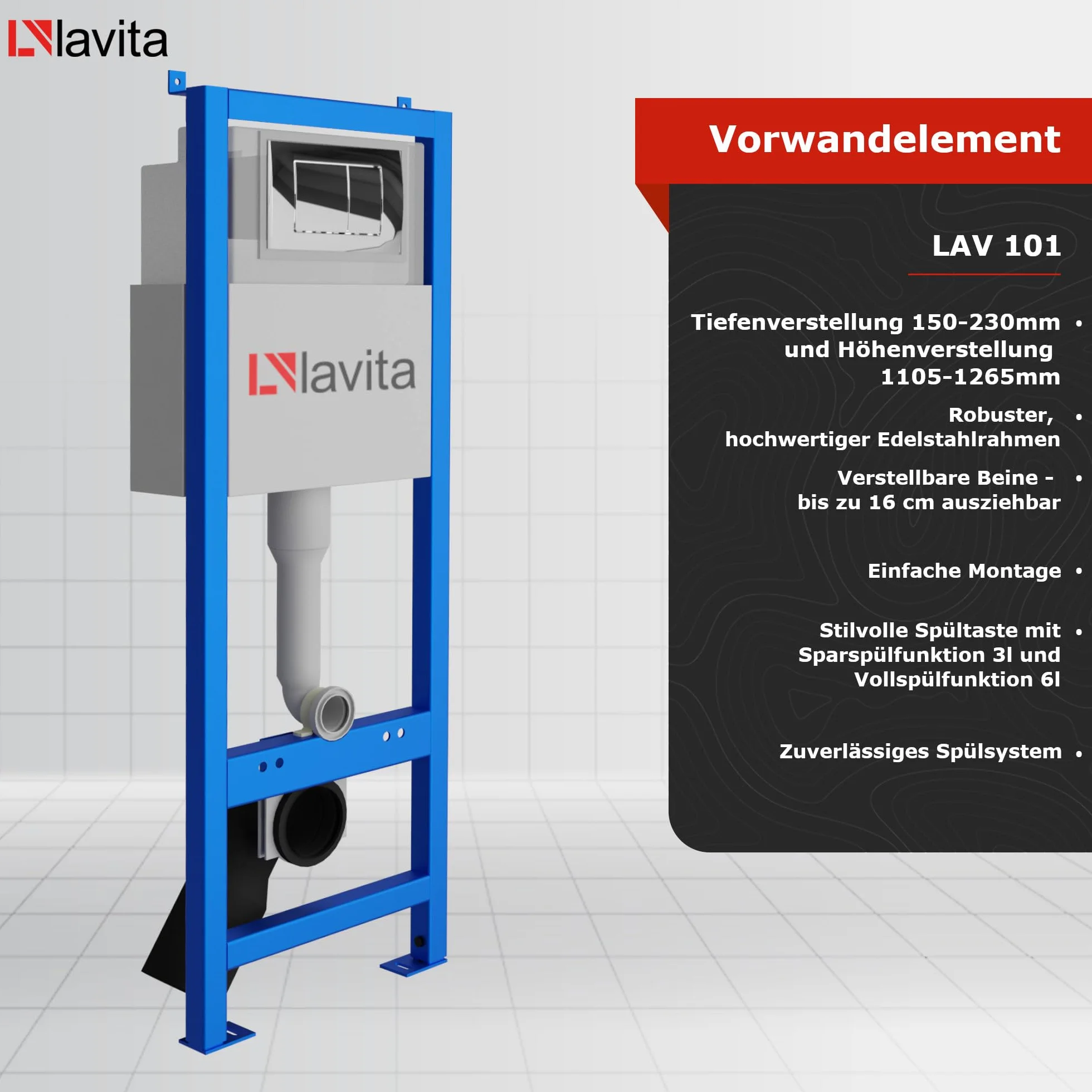 Lavita LAV 101 LAV 200.1.2 Set WC sospeso a parete 40cm fondo profondo GALVE Bianco senza brida Piastra comando Cromato