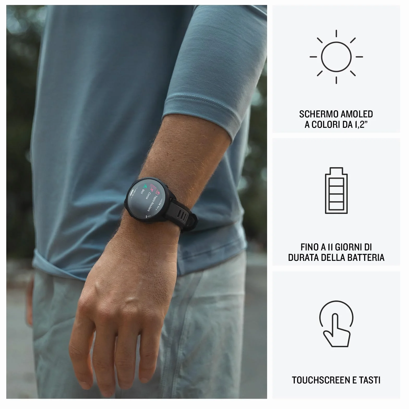 Garmin Forerunner 165, Smartwatch per la corsa, 43mm, GPS, Cardio, VO2max, Report mattutino, HRV Status, Piani gratuiti 5K, 10K e 21K, Training Readiness, GarminPay, Black & Slate Gray