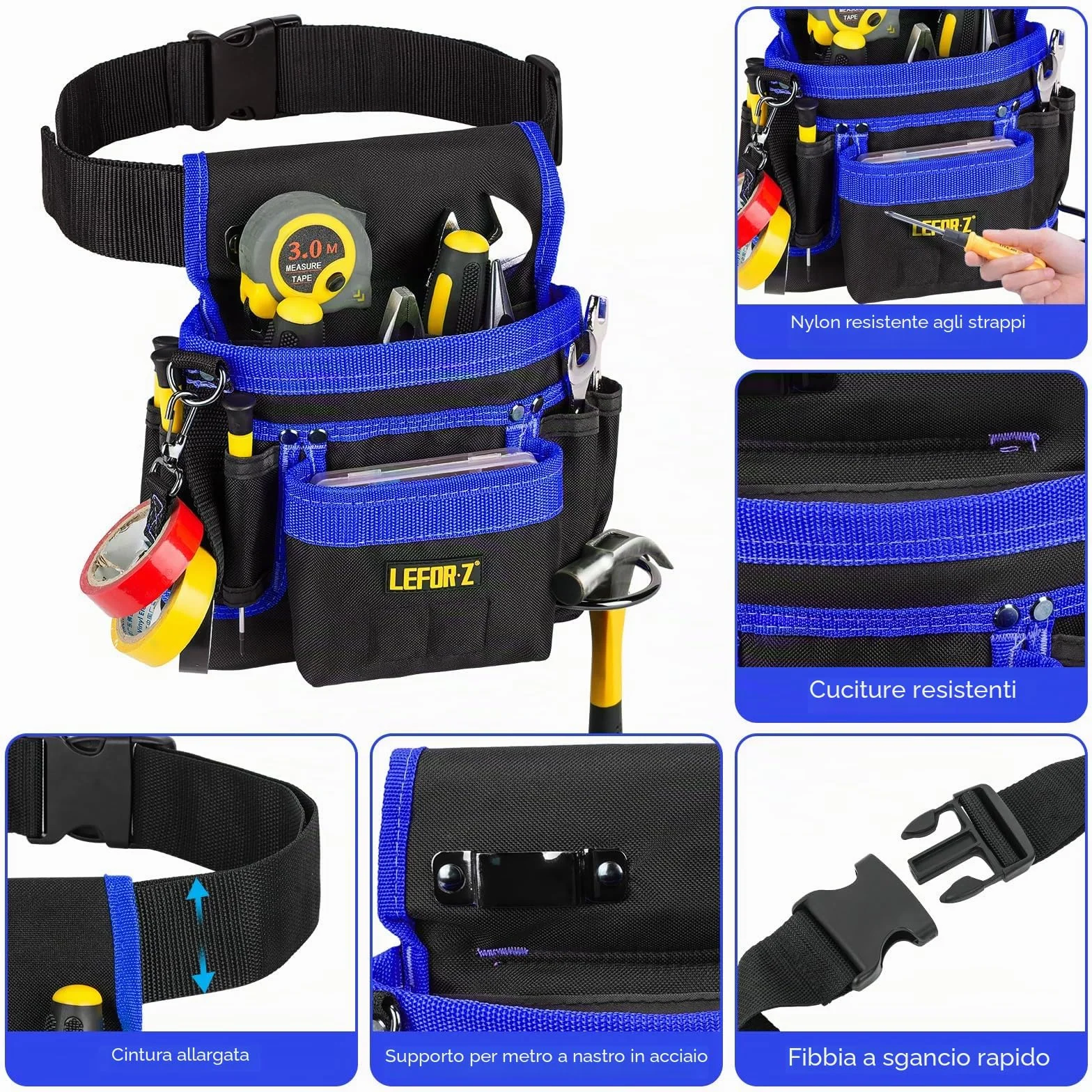 Cintura Porta Attrezzi Magnetica 14 Tasche Regolabile Staccabile Elettricista Falegname Edilizia Nero-Blu