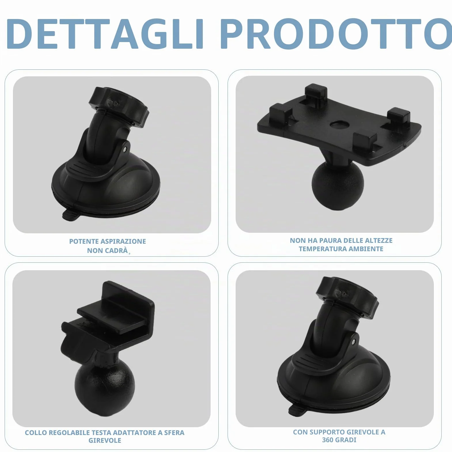 Supporto da Auto con Ventosa per Cruscotto e Parabrezza, Compatibile con Dash Cam, GPS e Action Camera, con Adattatore a 6 Tipologie e Rotazione a 360 Gradi, Buona stabilità Visione Grandangolare