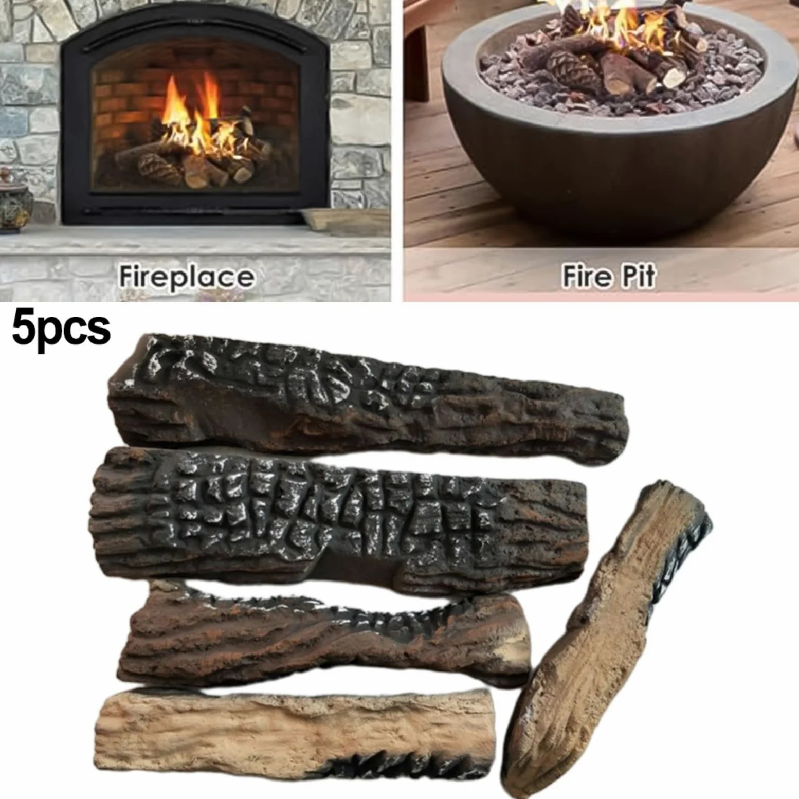 5 tronchi artificiali per caminetti a gas e bioetanolo, resistenti al calore, con struttura in legno realistica, per decorare la casa e l'atmosfera