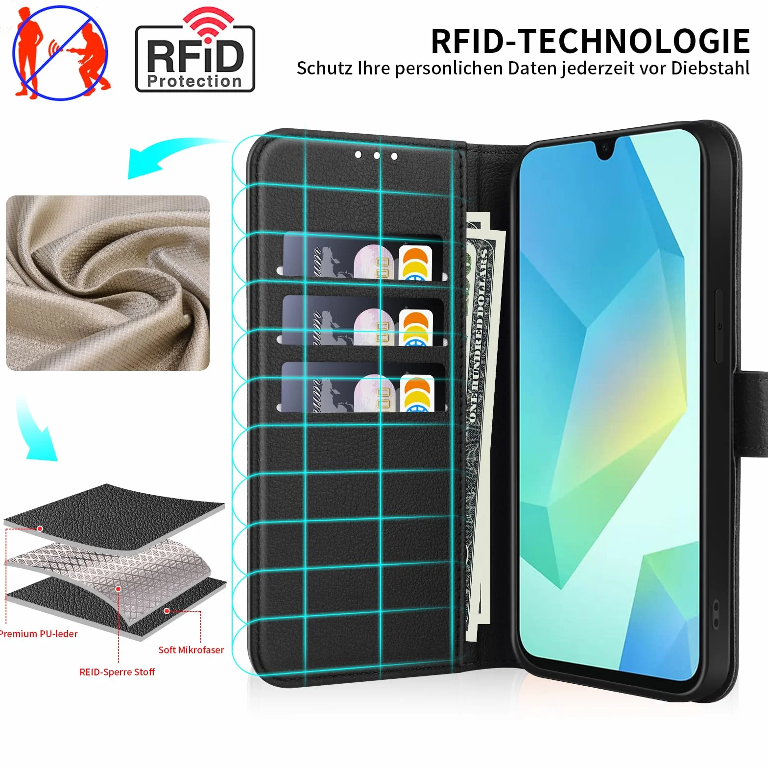 Cover per Samsung Galaxy A16 5G/4G Custodia con 2 Vetro Temperato Pellicola a Libro Portafoglio in Pelle Porta Carte Protettiva Flip Case,Nero