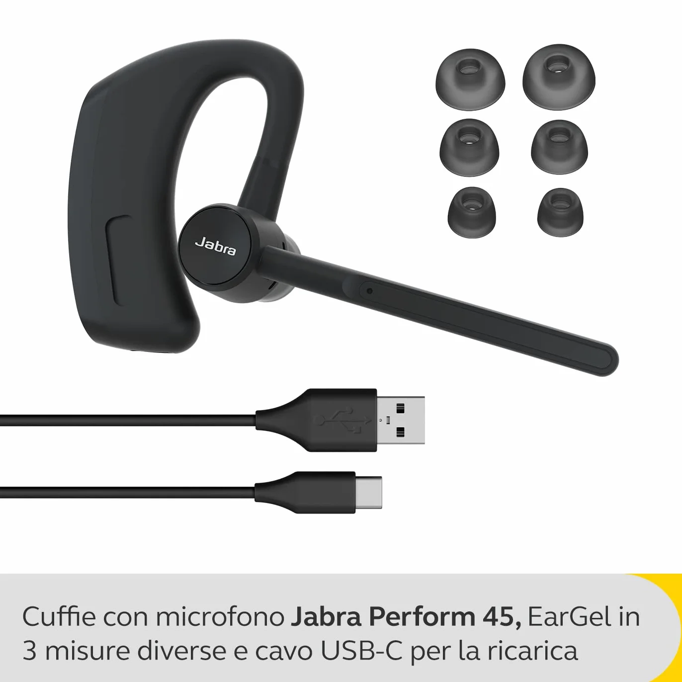 Jabra Perform 45 Mono Auricolare Bluetooth con gancio auricolare, microfono con cancellazione del rumore ultra avanzata, funzionalità Premi per parlare, modalità Face2Face e design sobrio Nero