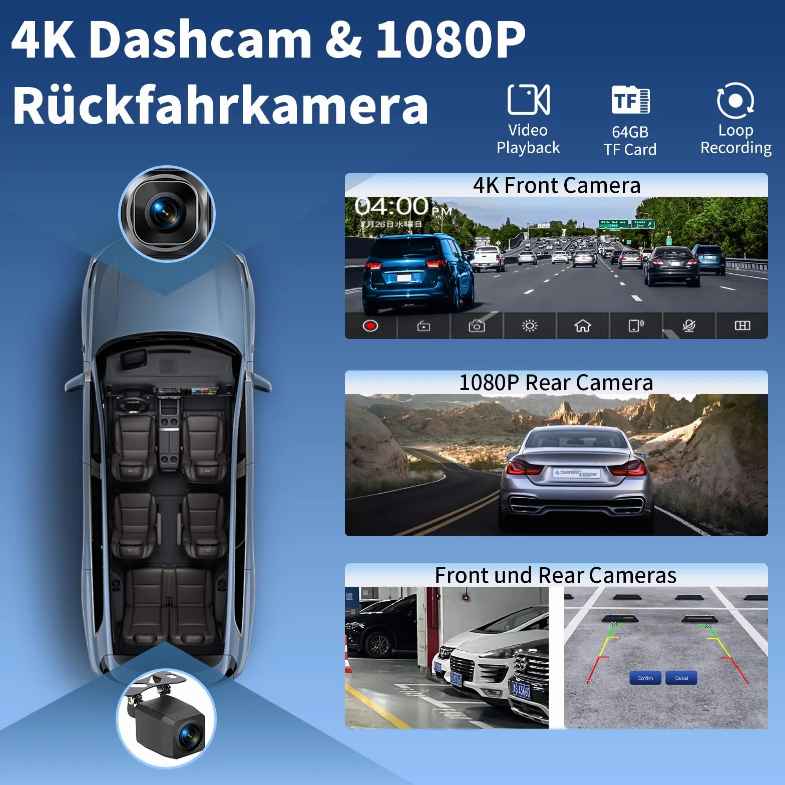Alpinetech 10,26 Pollici Autoradio Portatile con Wireless Carplay Android Auto Touchscreen Monitor Anteriore Dashcam 4K e Telecamera Posteriore 1080P Bluetooth GPS Siri Mirror Link AUX FM 64G TF 7V-32