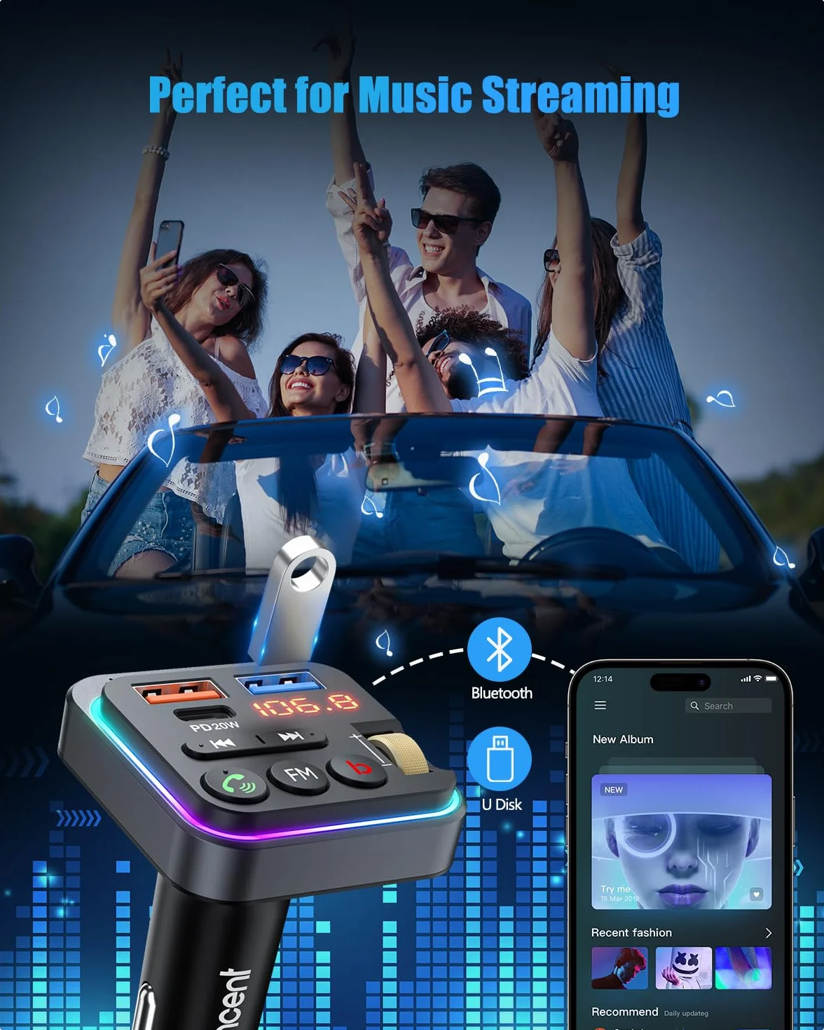 LENCENT Trasmettitore Bluetooth 5.0 per Auto, Musica Bluetooth Auto con Bassi Profondi e Suono Hi-Fi lossless, Ricarica Rapida Tipo-C PD 20W e QC3.0 18W, Supporto Disco U